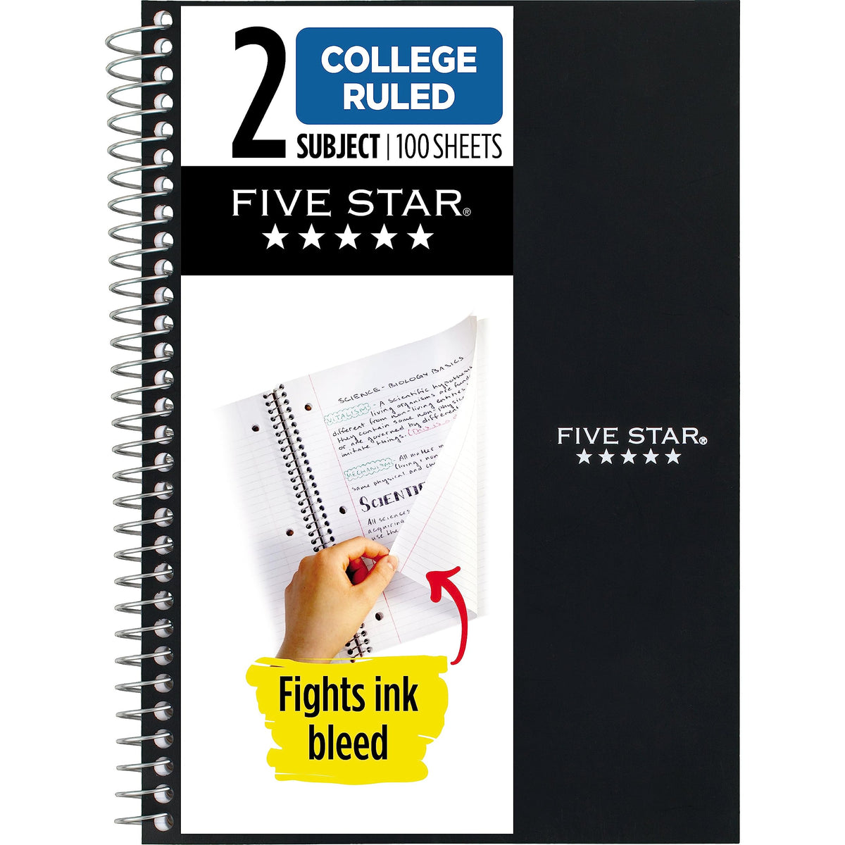 Five Star Small Spiral Notebook, 2 Subject, College Ruled Paper, 9-1/2" x 6", 100 Sheets, Black