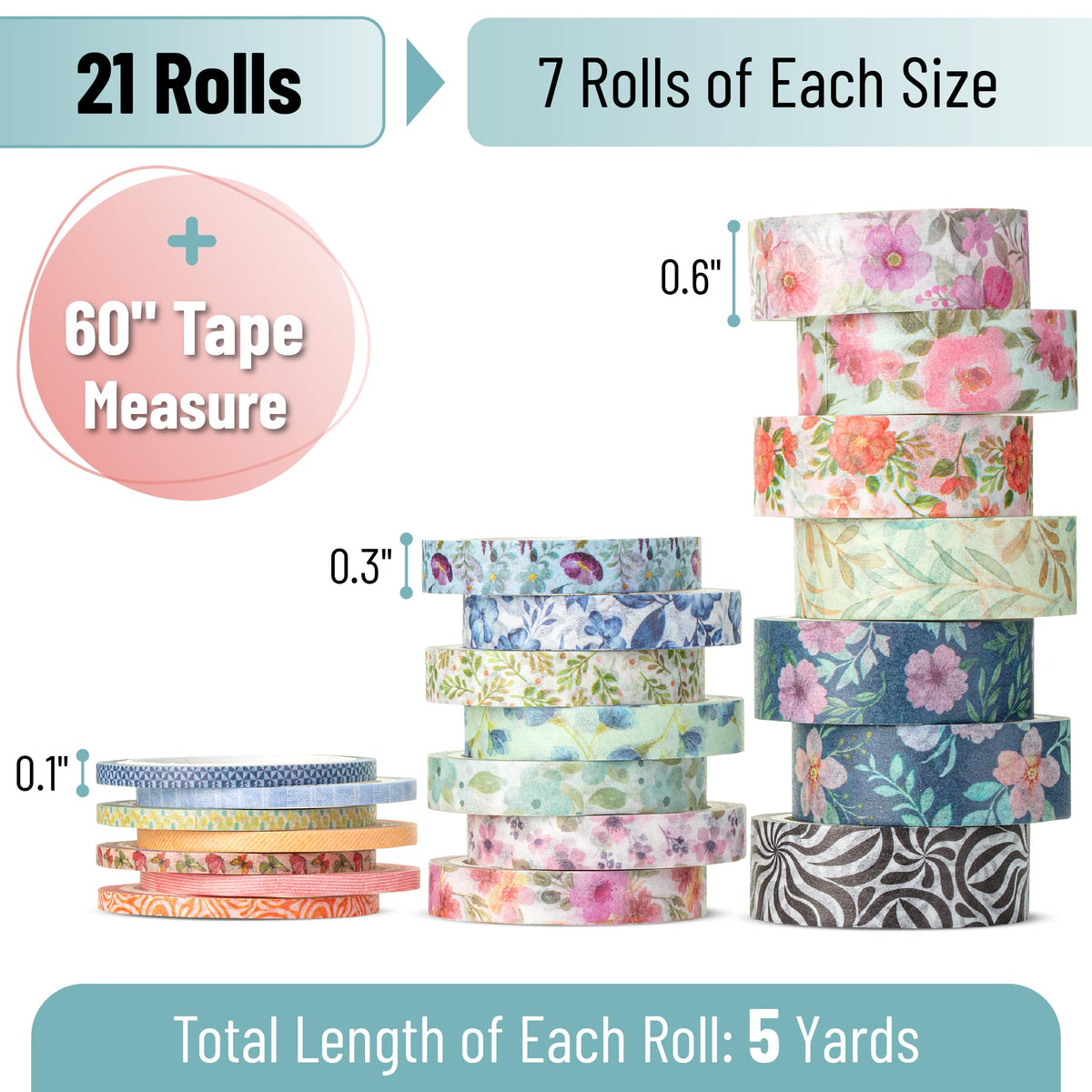 Mr. Pen- Washi Tape Set, 21 Rolls, Assorted Sizes, Floral Vintage
