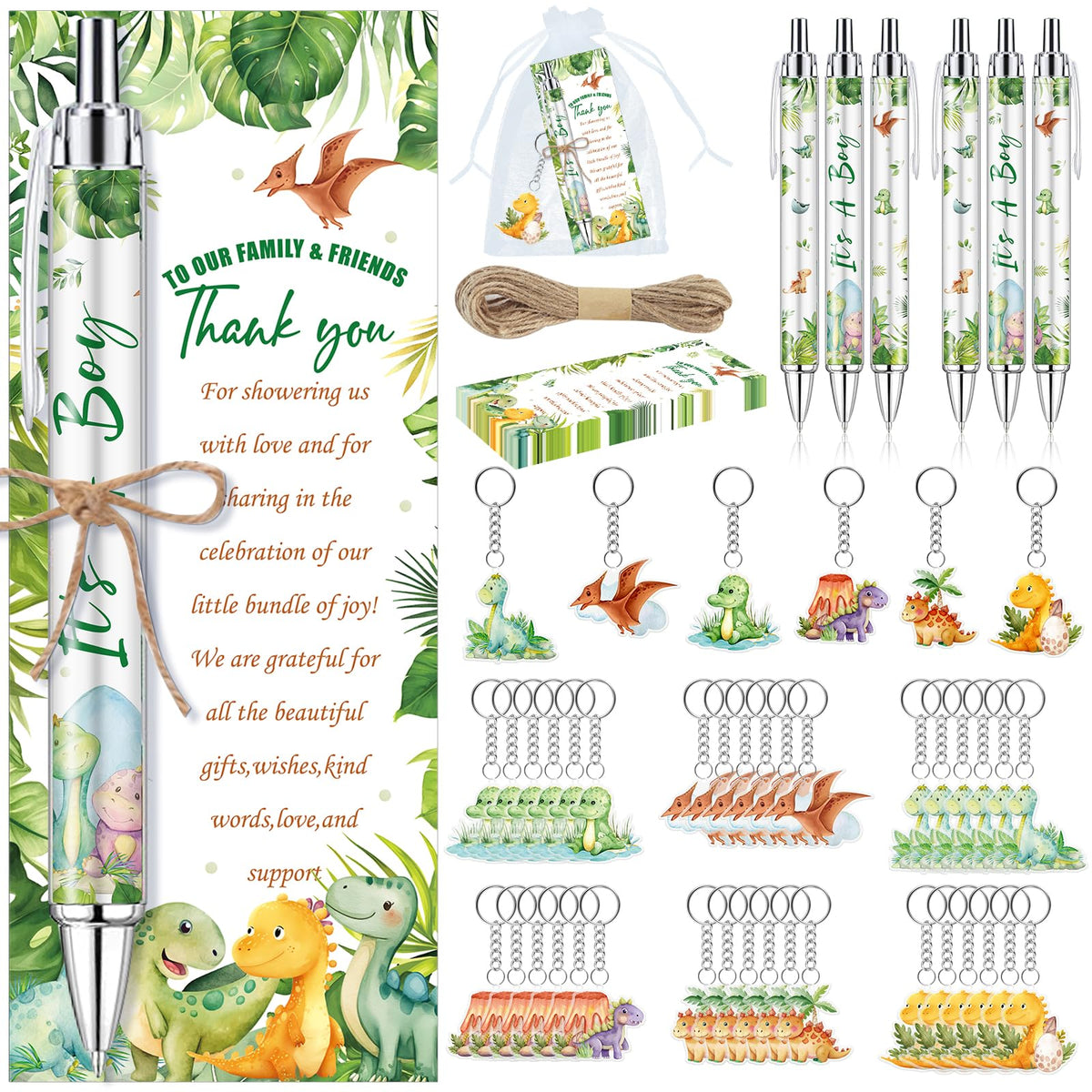 EYNDYN 289 Pieces Dinosaur Baby Shower Favors for Guest It's a Boy Ballpoint Pens and Keychains