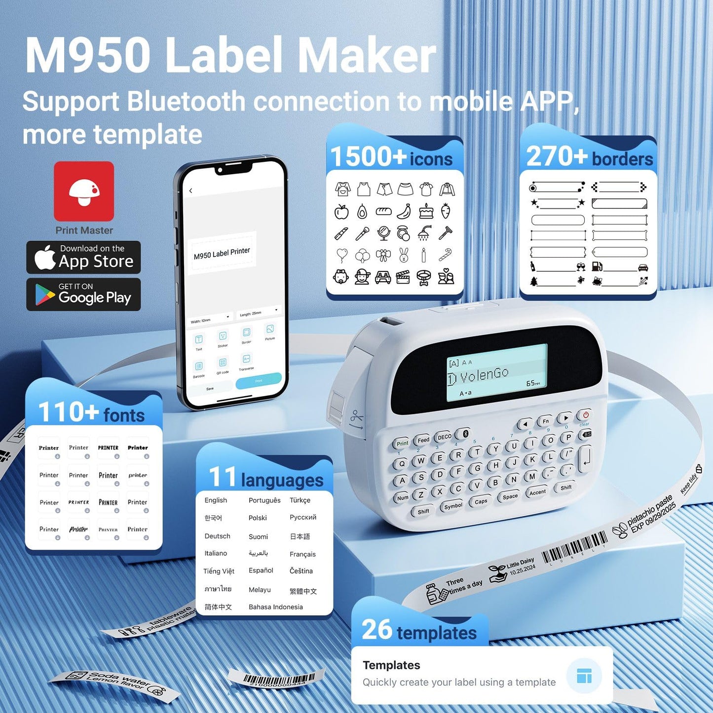 VolenGo M950 Label Maker Machine with Tapes, Label Maker Waterproof-Labels
