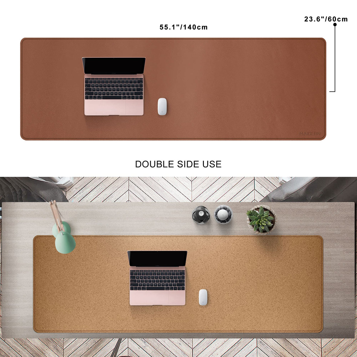 MAIDERN 55" x 24" Cork & Leather Desk Pad, Large XXL Mat, Full Mouse Pad, Dual Sided Protector for