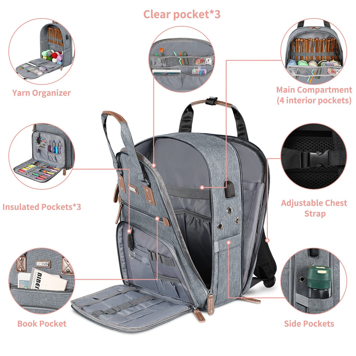 Crochet Bag, Knitting Bag Backpack and Totes Organizer with USB Charging Port, Large Yarn Storage