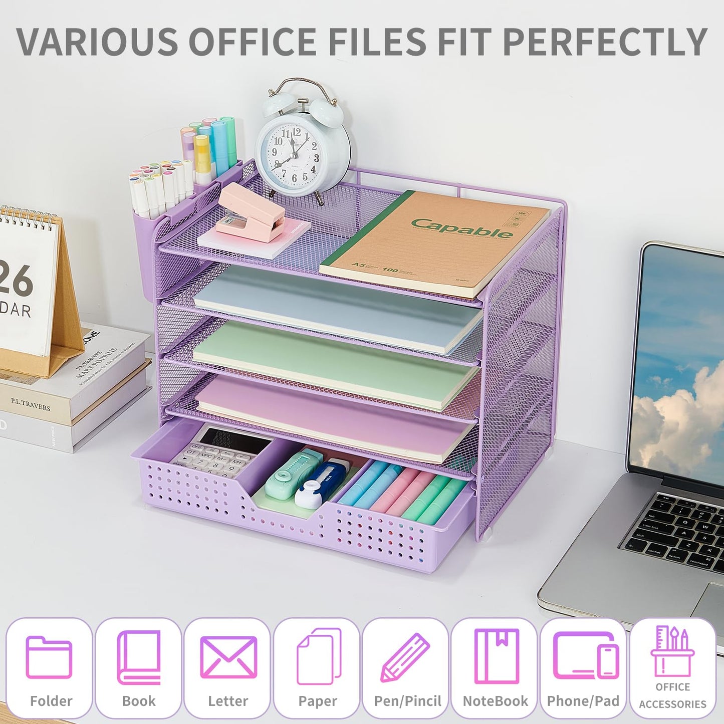 LEKETREE Desk Organizers and Accessories, 5-Tier Paper Letter Tray Organizer with Drawer & 2 Pen