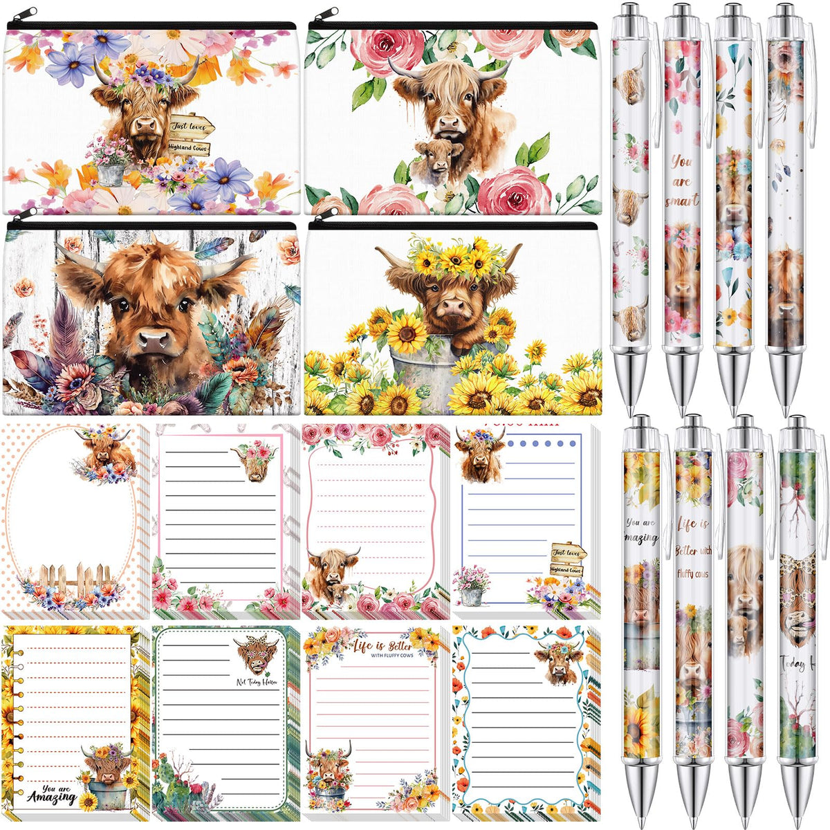 Eaasty 20 Pieces Highland Cow Gift Set Sticky Notes with Pens, Pencil Bags Makeup Bags Animal Lover