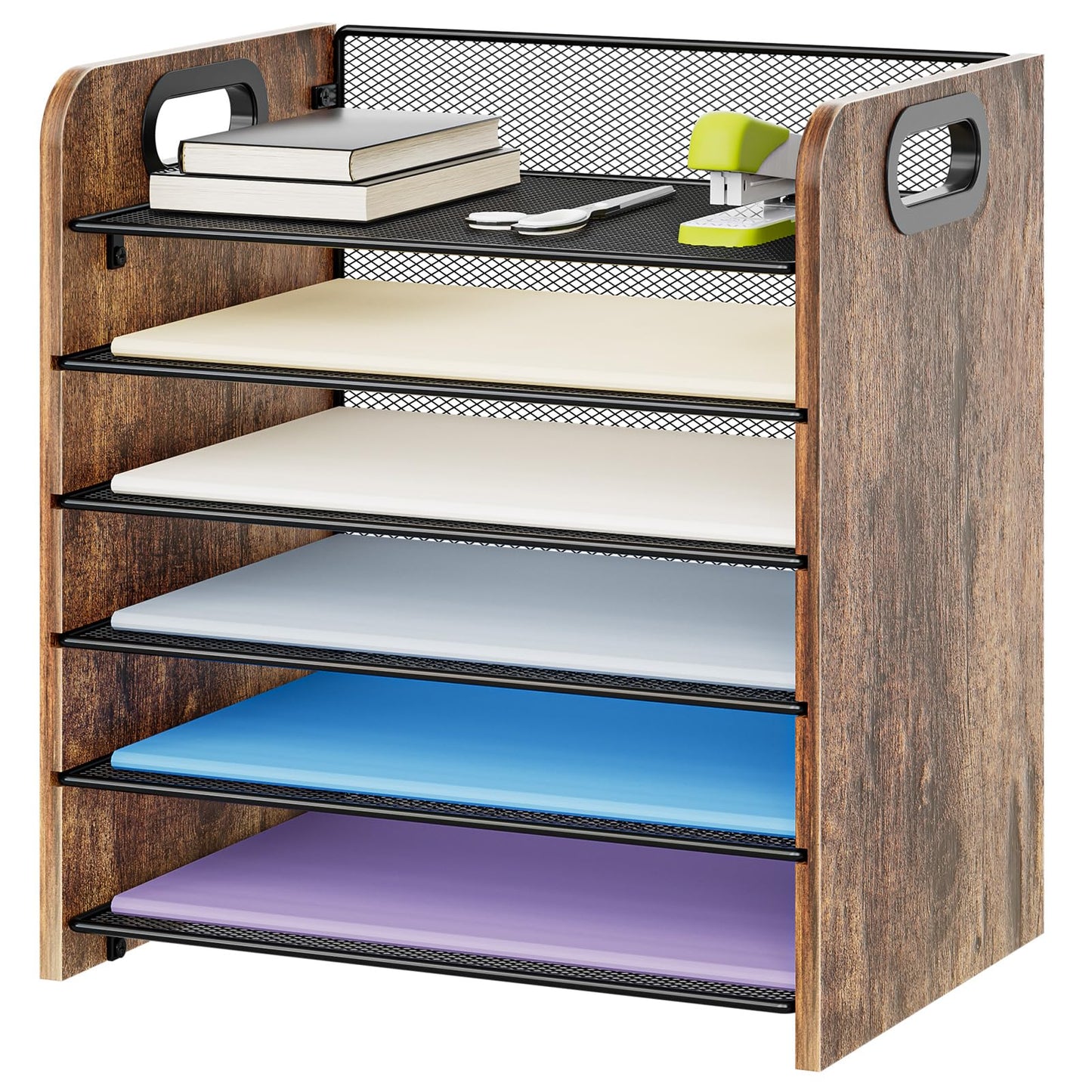 Marbrasse 6 Tier Paper Organizer Letter Tray - Wooden Desk File Organizer with Handle, Paper Sorter