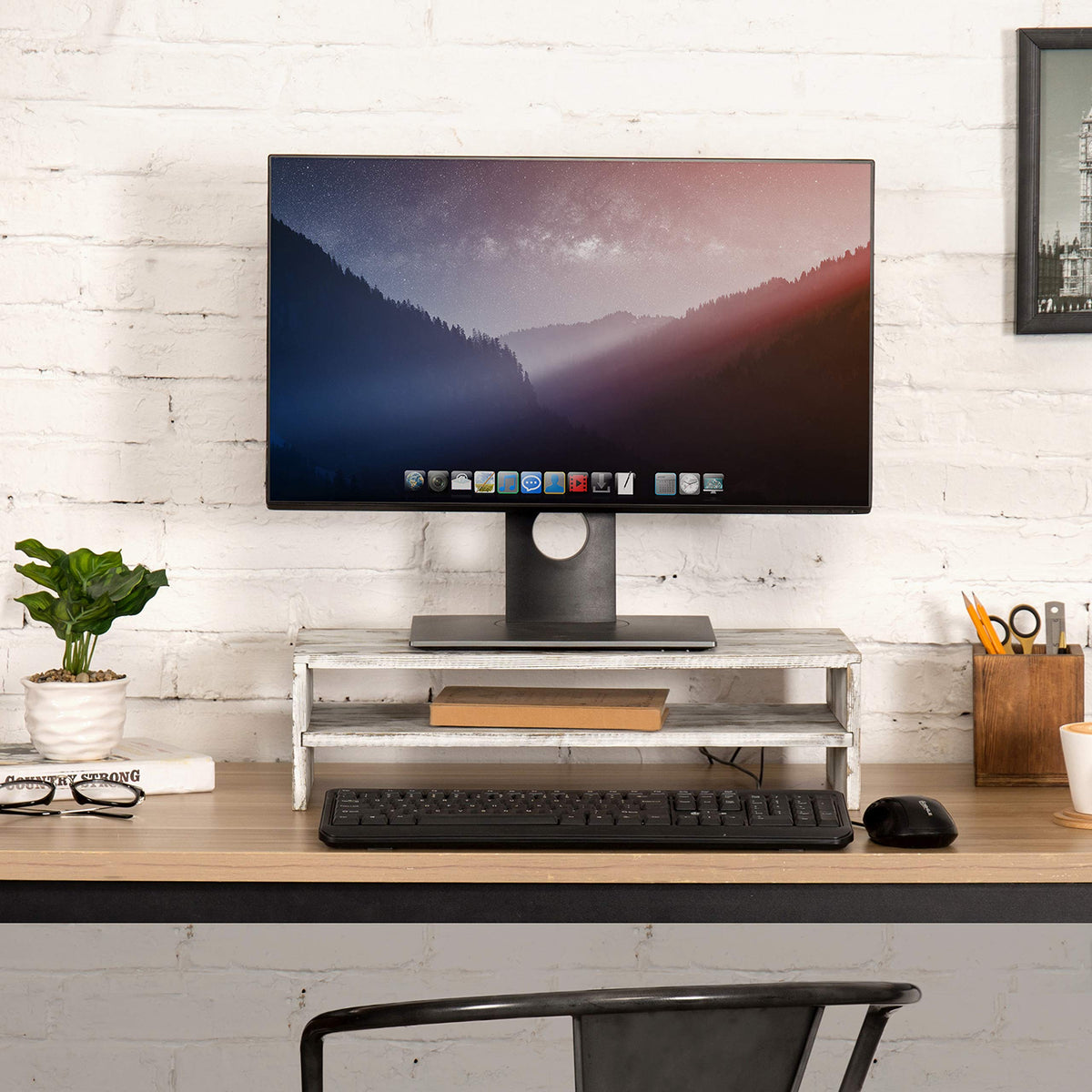 MyGift Whitewashed Wood Monitor Stand, 2 Tier Computer Desk Riser Shelf