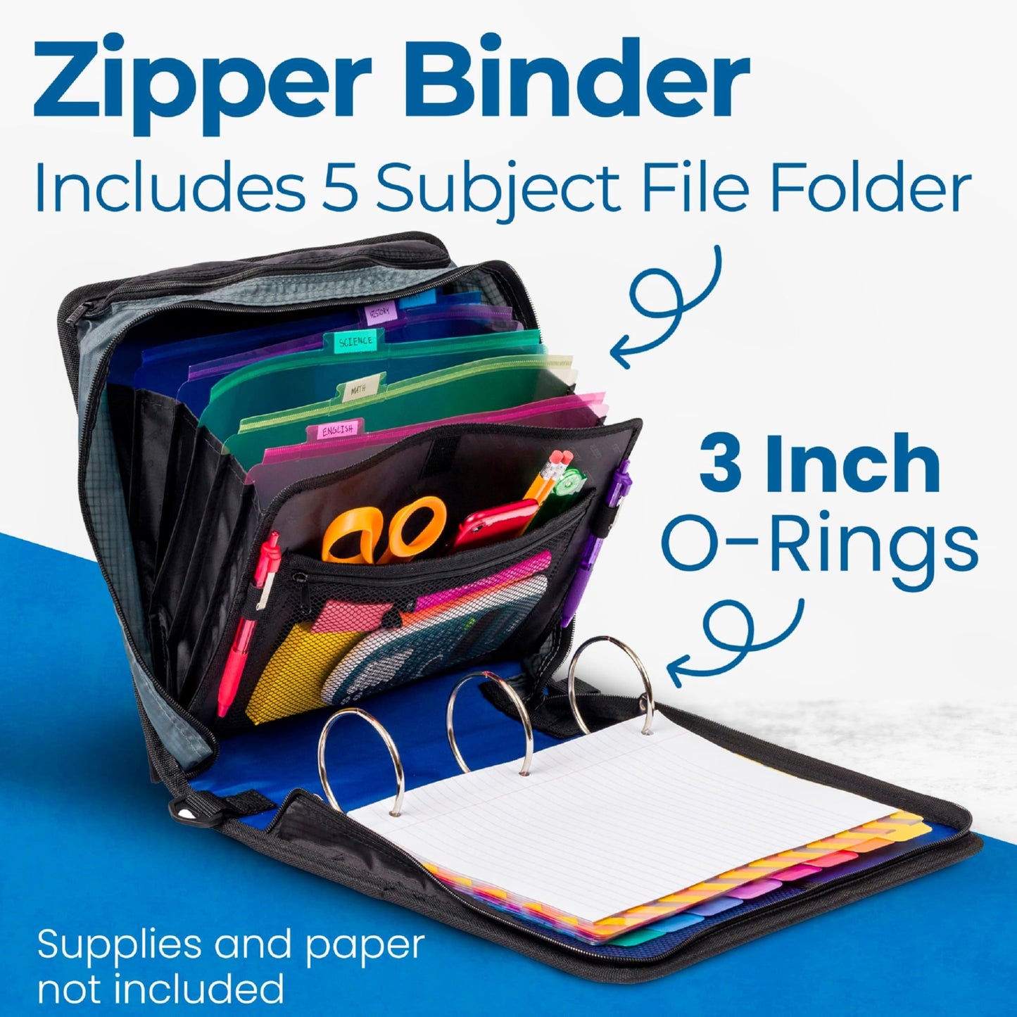 Case-it Mighty Zip Tab School Zipper Binder | 3-Inch O-Rings, 600-Sheet Capacity, 5-Subject