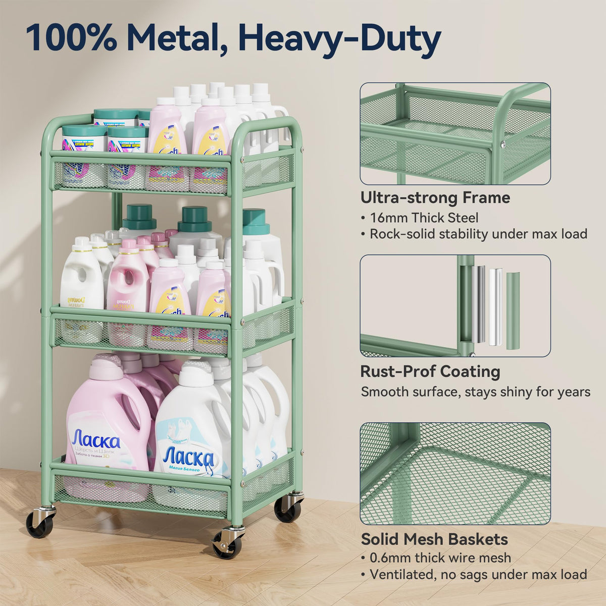 YASONIC 3 Tier Metal Rolling Cart, Green Utility Storage Cart with Wheels