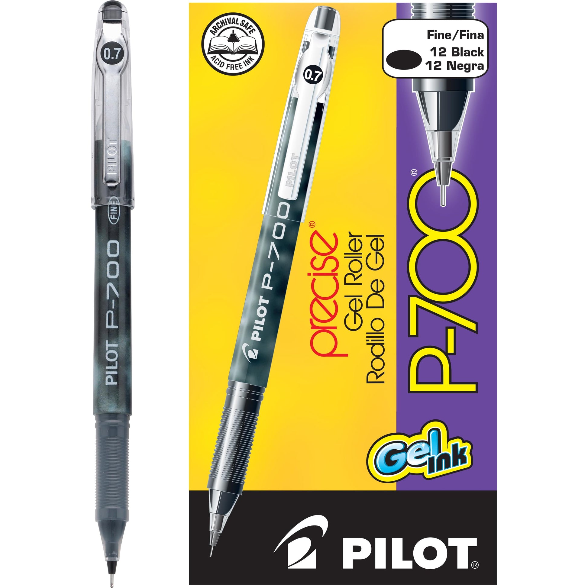 PILOT Precise P-700 Rolling Ball Stick Pens, 0.7mm, Black, 12-Pack