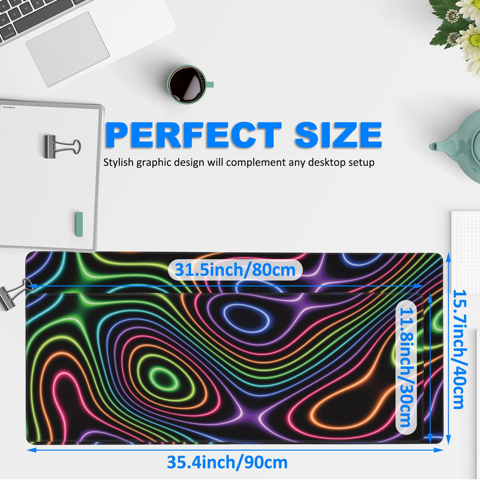 Desk Mat, Colorful Neon Topographic Contour Map Extended Gaming Mouse Pad Large, 31.5"x11.8" Big