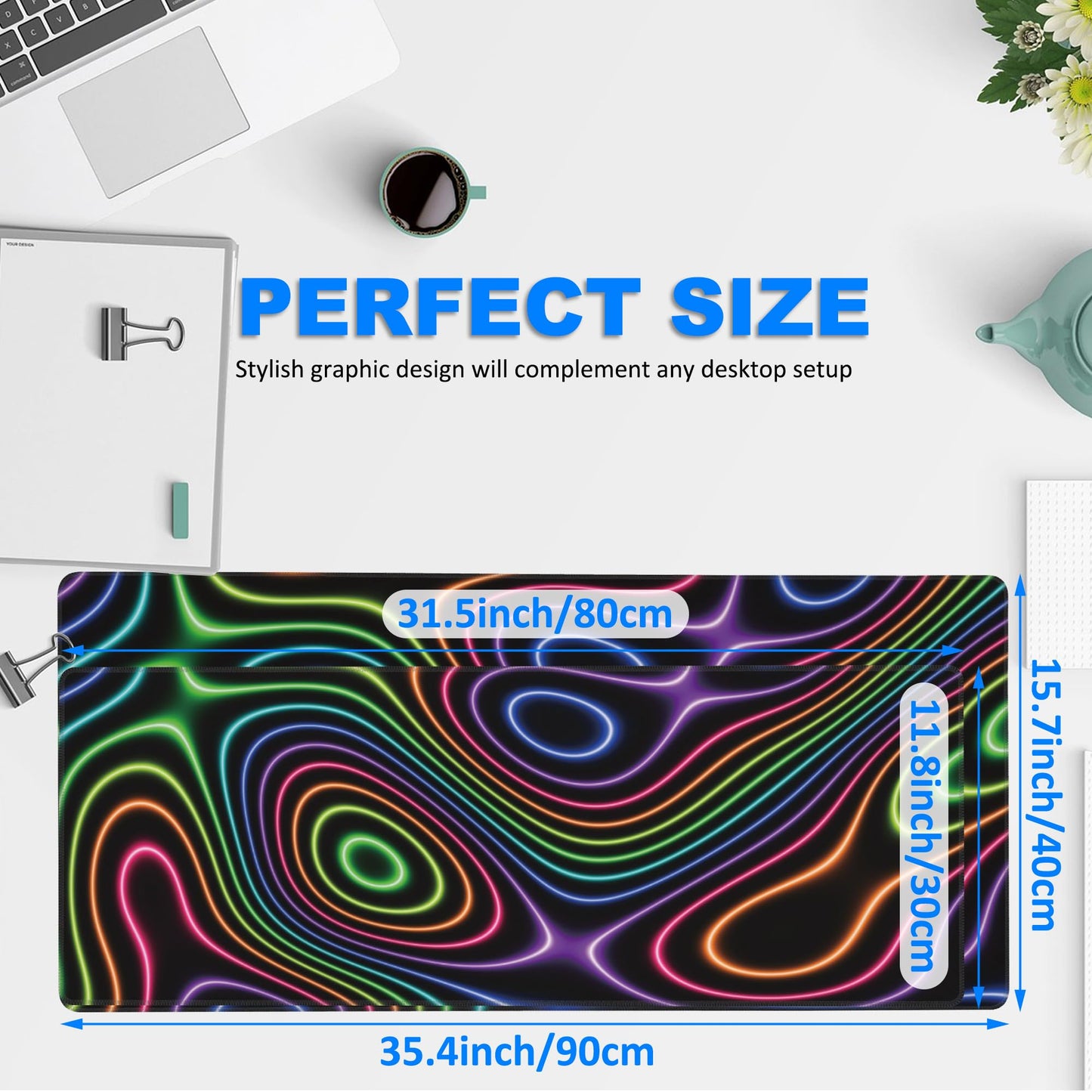 Desk Mat, Colorful Neon Topographic Contour Map Extended Gaming Mouse Pad Large, 35.4"x15.7" Big