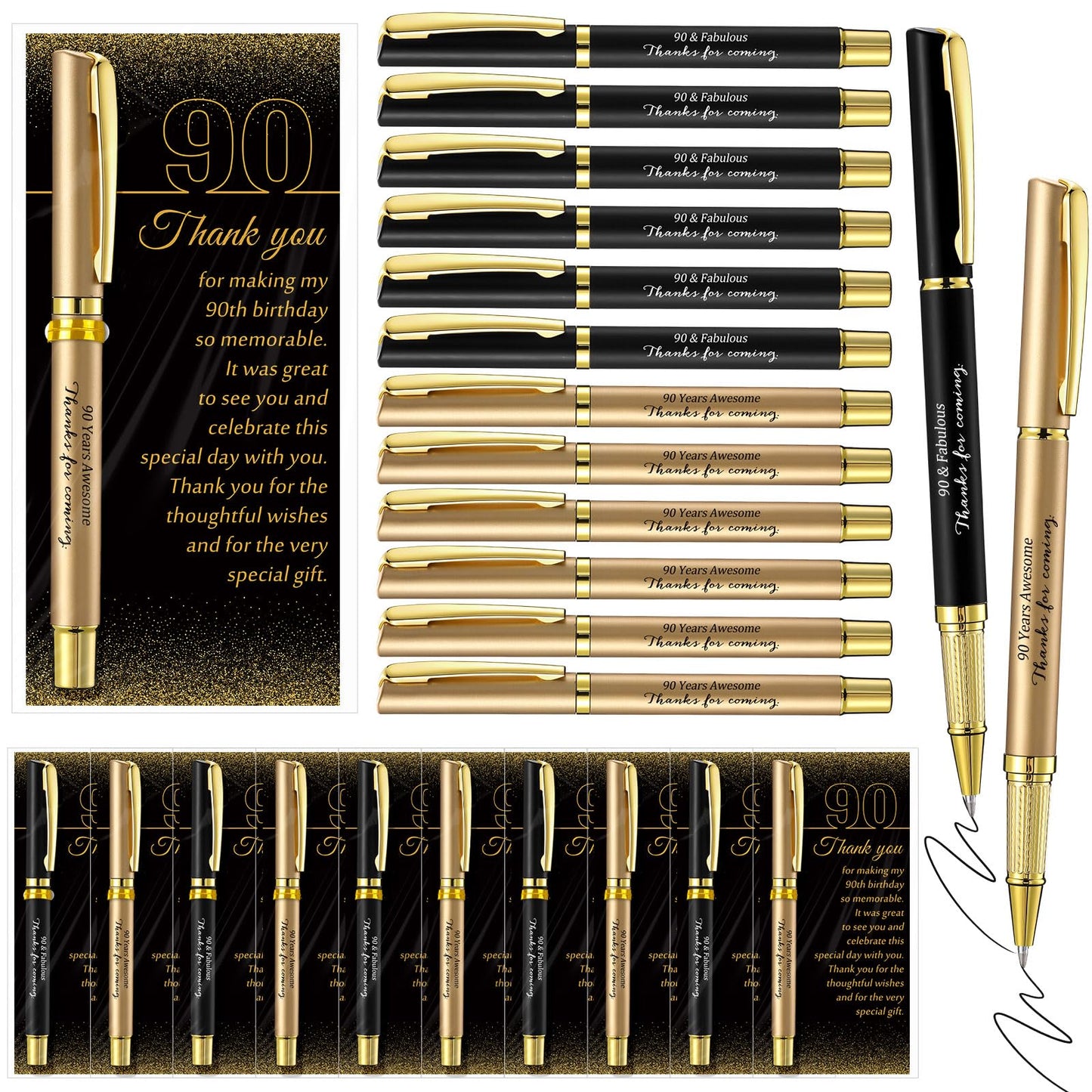 Feifeiya 30 Set 90th Birthday Favors with Black Gold Pens Cards