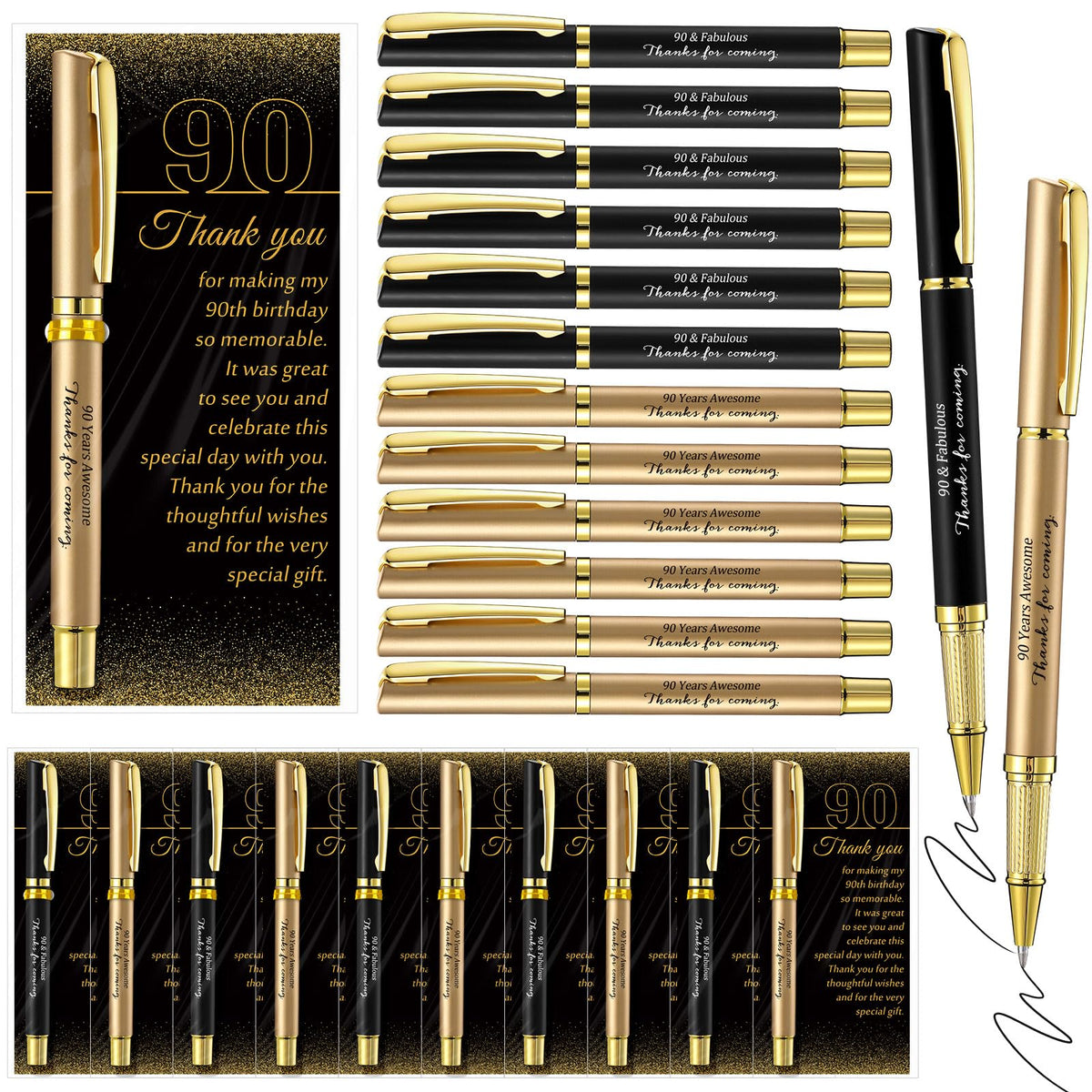 Feifeiya 30 Set 90th Birthday Favors with Black Gold Pens Cards