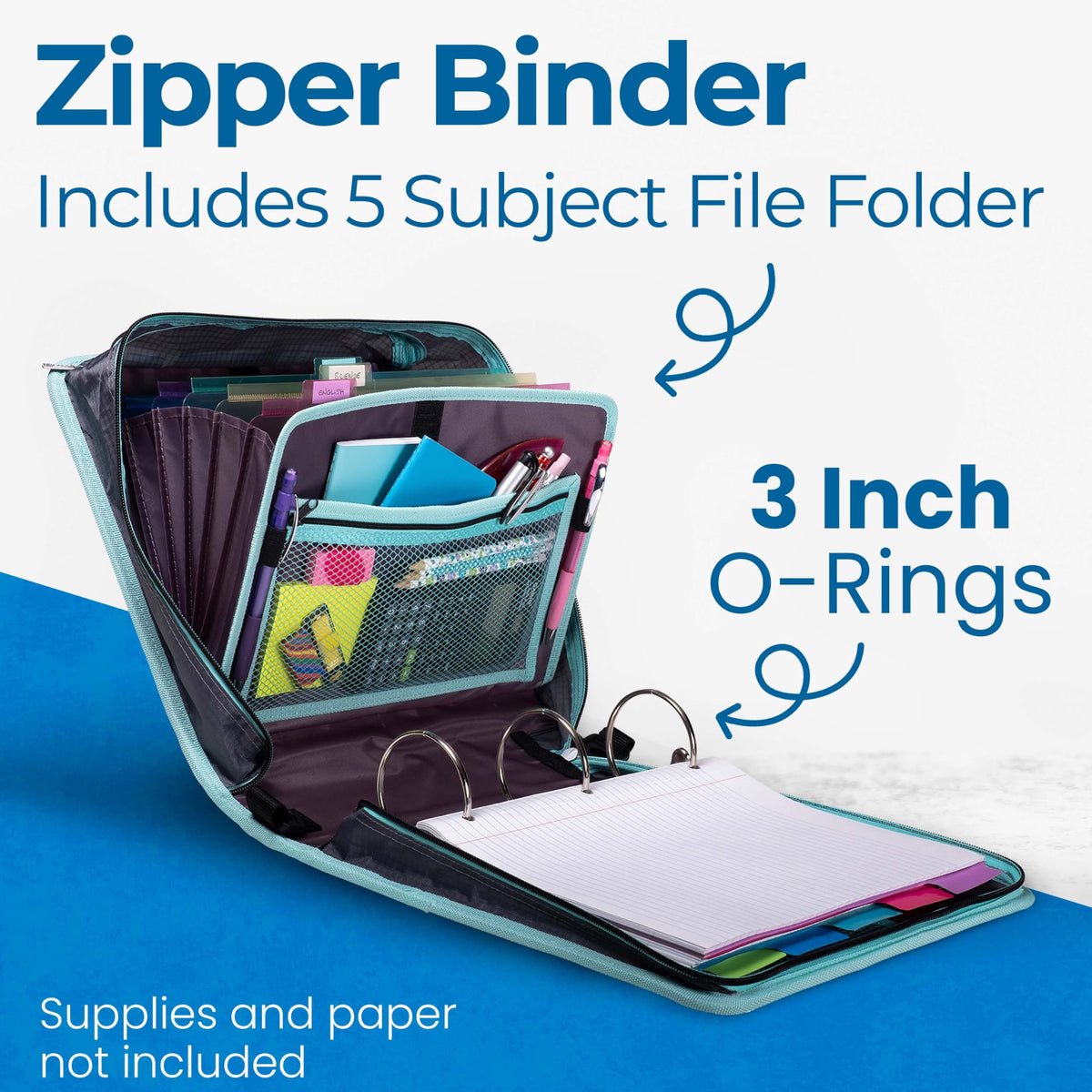 Case-it School Zipper Binder | 3" O-Rings | 600-Sheet | D-146 Light Blue