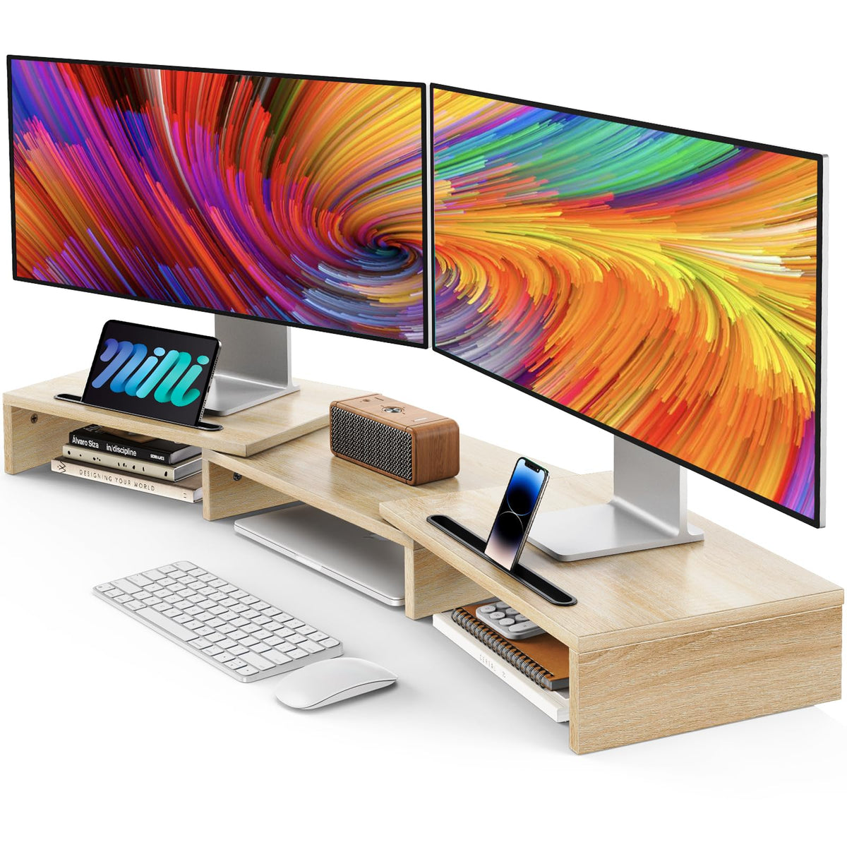 AMERIERGO Dual Monitor Stand Riser- 3 Shelf Screen Stand with Adjustable Length and Angle, 2 Extra