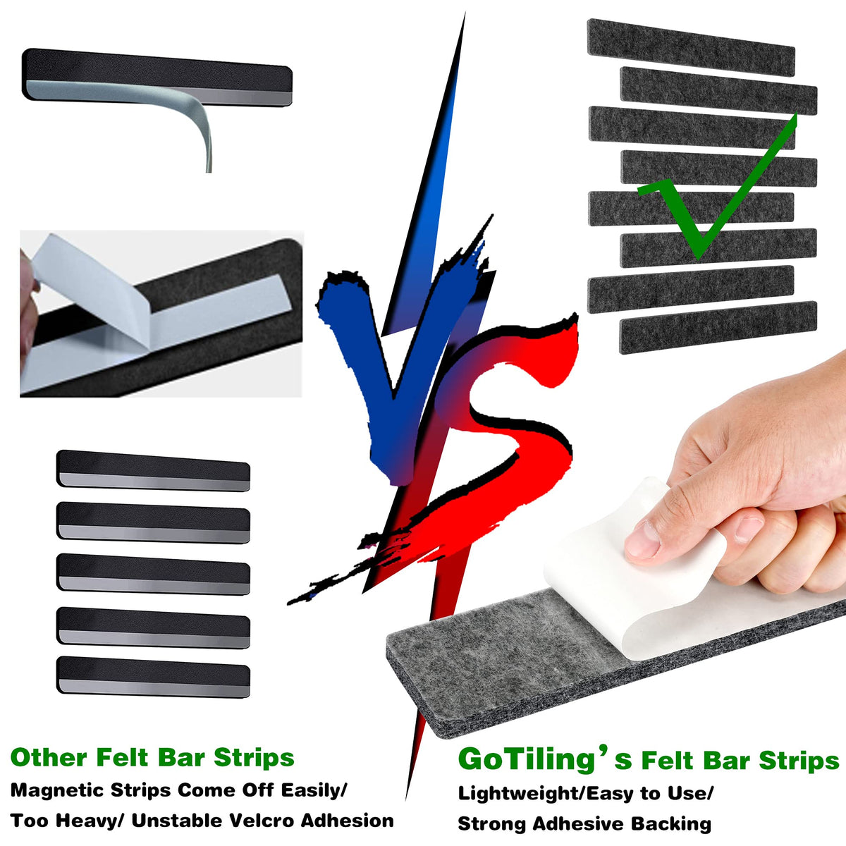 GoTiling Cork Board for Walls - 8 Pack Felt Pin Board Bar Strips - Self-Adhesive Lightweight