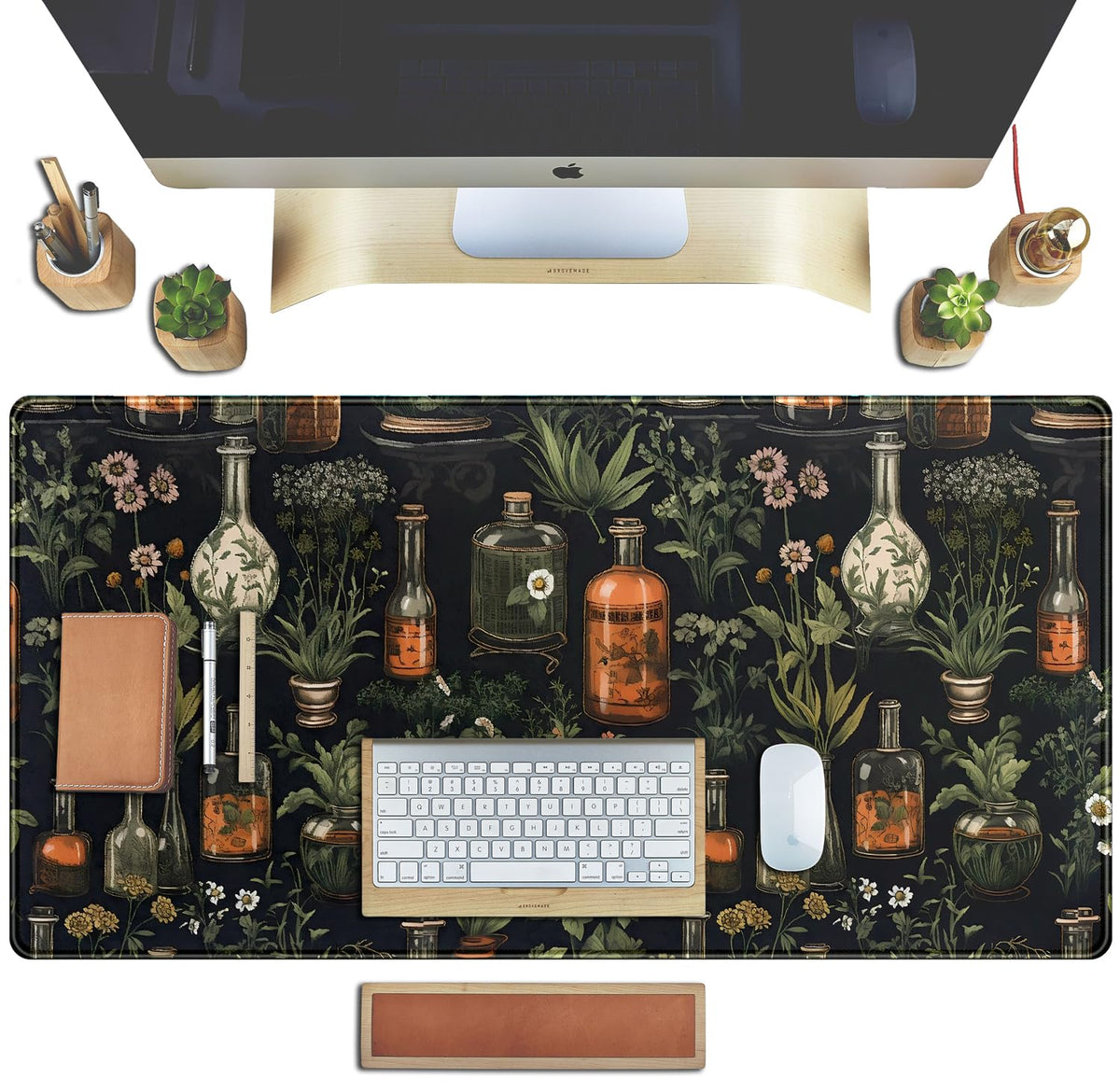 Black Aesthetics Desk Mat Mouse Pad Large Gaming Mouse Pad Desk Pad Mousepad, Mystical Green Plant