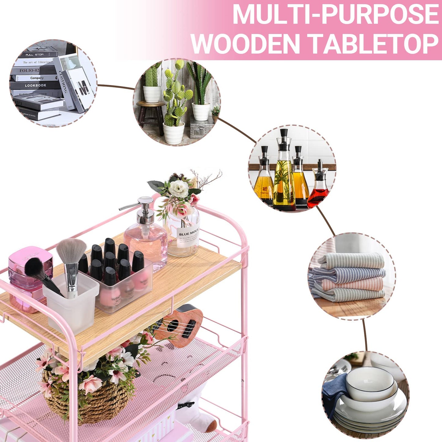 KINGRACK 4-Tier Metal Rolling Utility Cart, Pink, Flexible, Sturdy, Easy Assembly, Anti-Rust