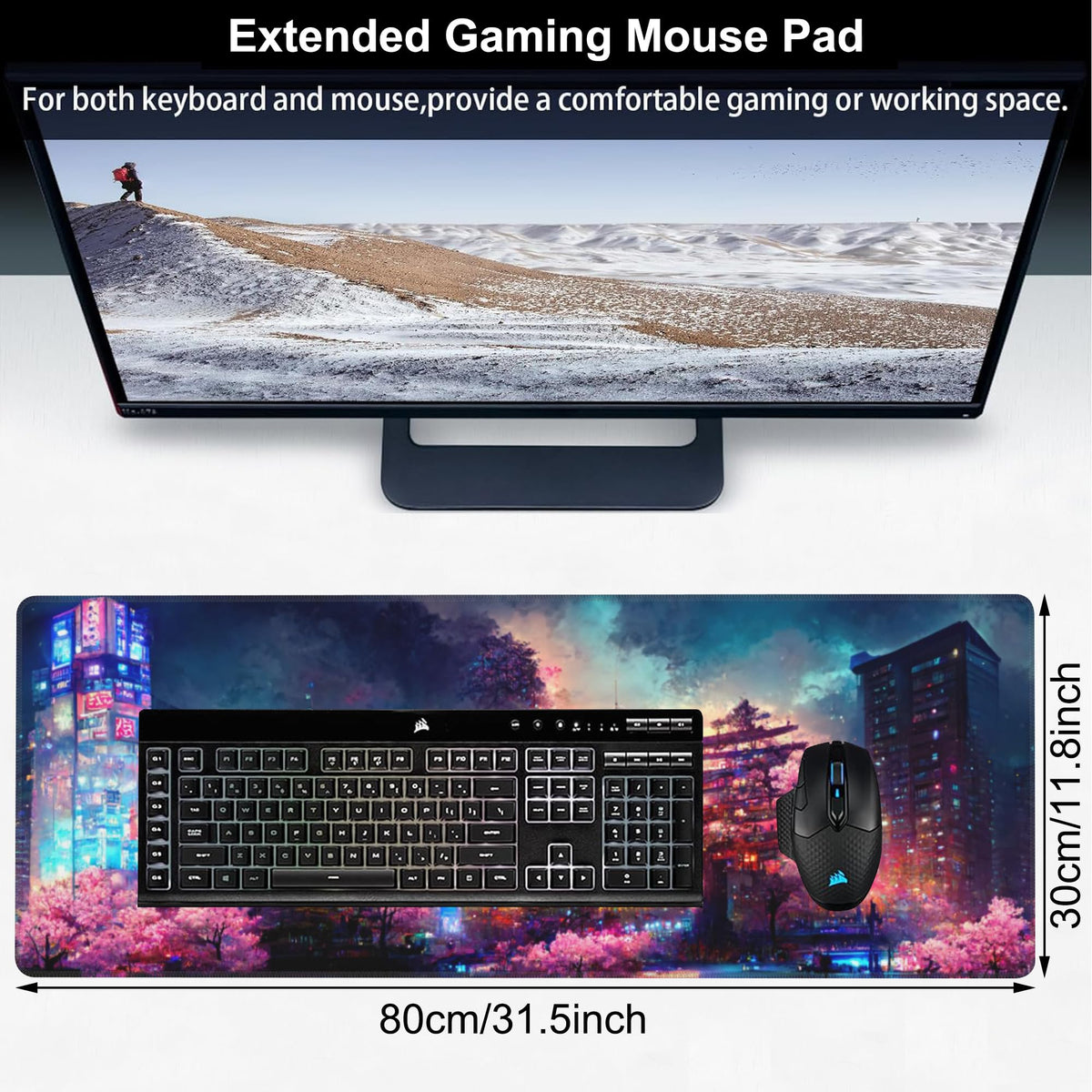 Japanese Fantasy Night City Desk Mat,Large Beautiful Night Scene Gaming Keyboard Mouse Pad,Non-Slip