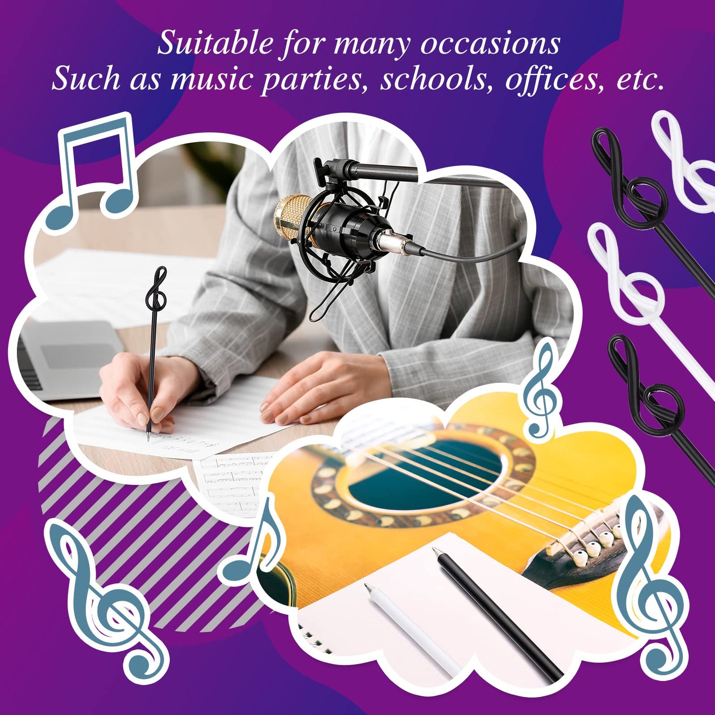 Lincia 100 Pcs Music Note Pens Bulk Musical Ballpoint Pens, Black, White