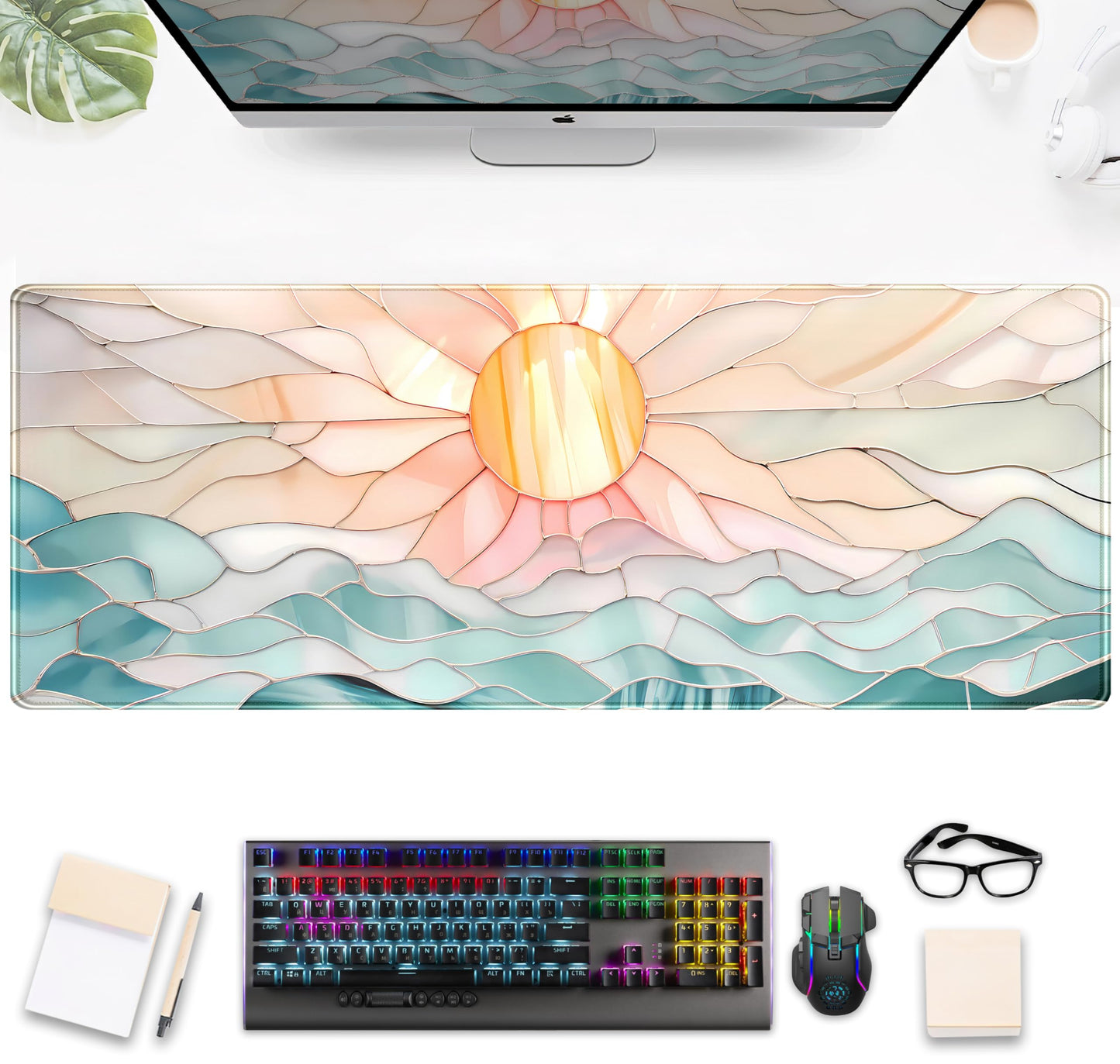 Modern Art Desk Mat Gaming Mouse Pad Stained Glass Computer Desk Pad, Large Laptop Keyboard Mat XL