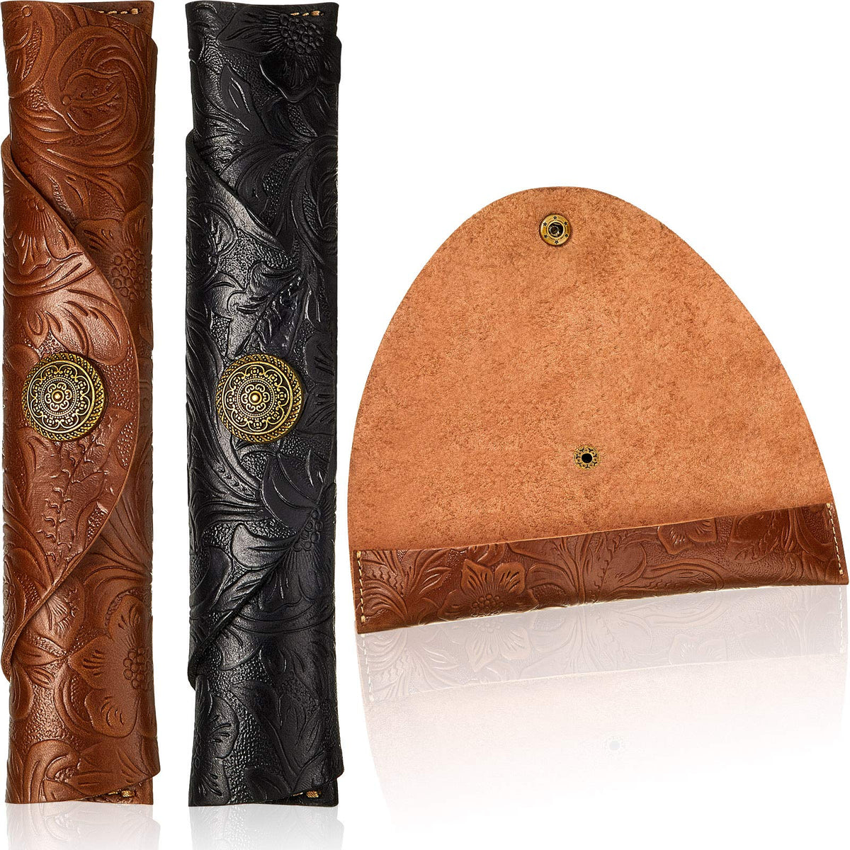 Zonon 2 Pieces Vintage Handmade Leather Pen Case Carved Roll Leather Pen Holder for School Home