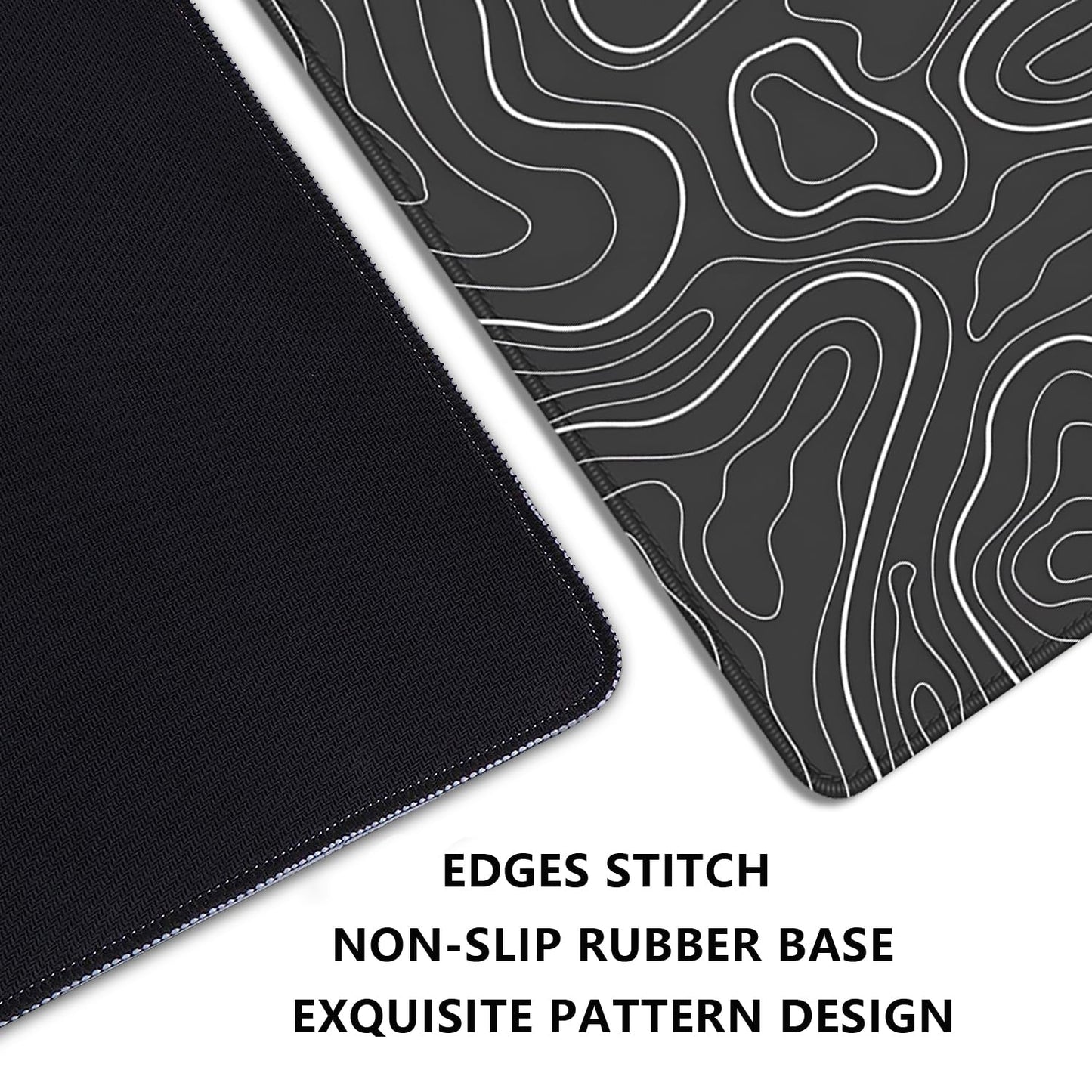 Black Topographic Mouse Pad,Gaming Desk Pad with Stitched Edges Non-Slip Rubber Base Extended XL