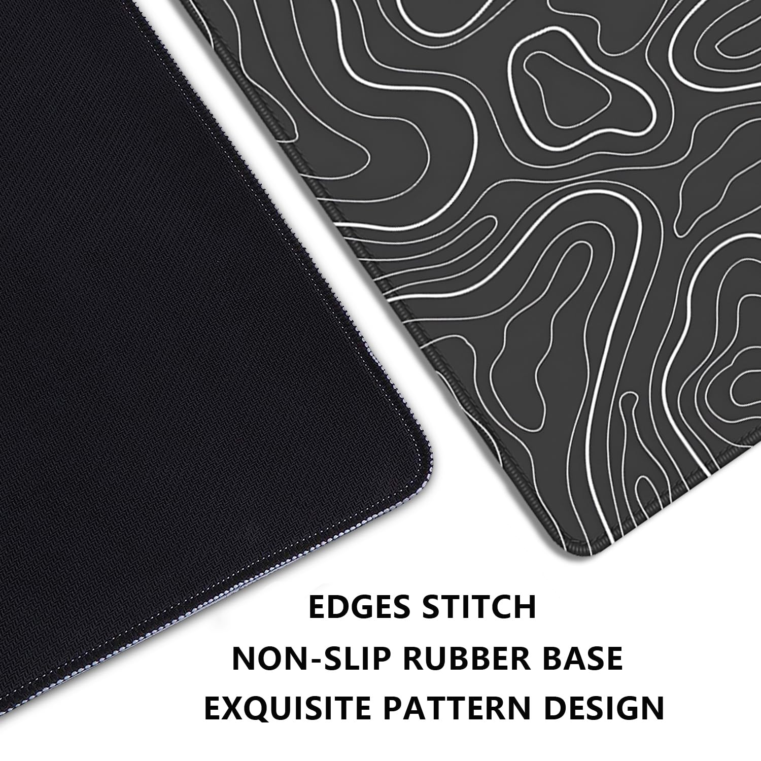Black Topographic Mouse Pad,Gaming Desk Pad with Stitched Edges Non-Slip Rubber Base Extended XL