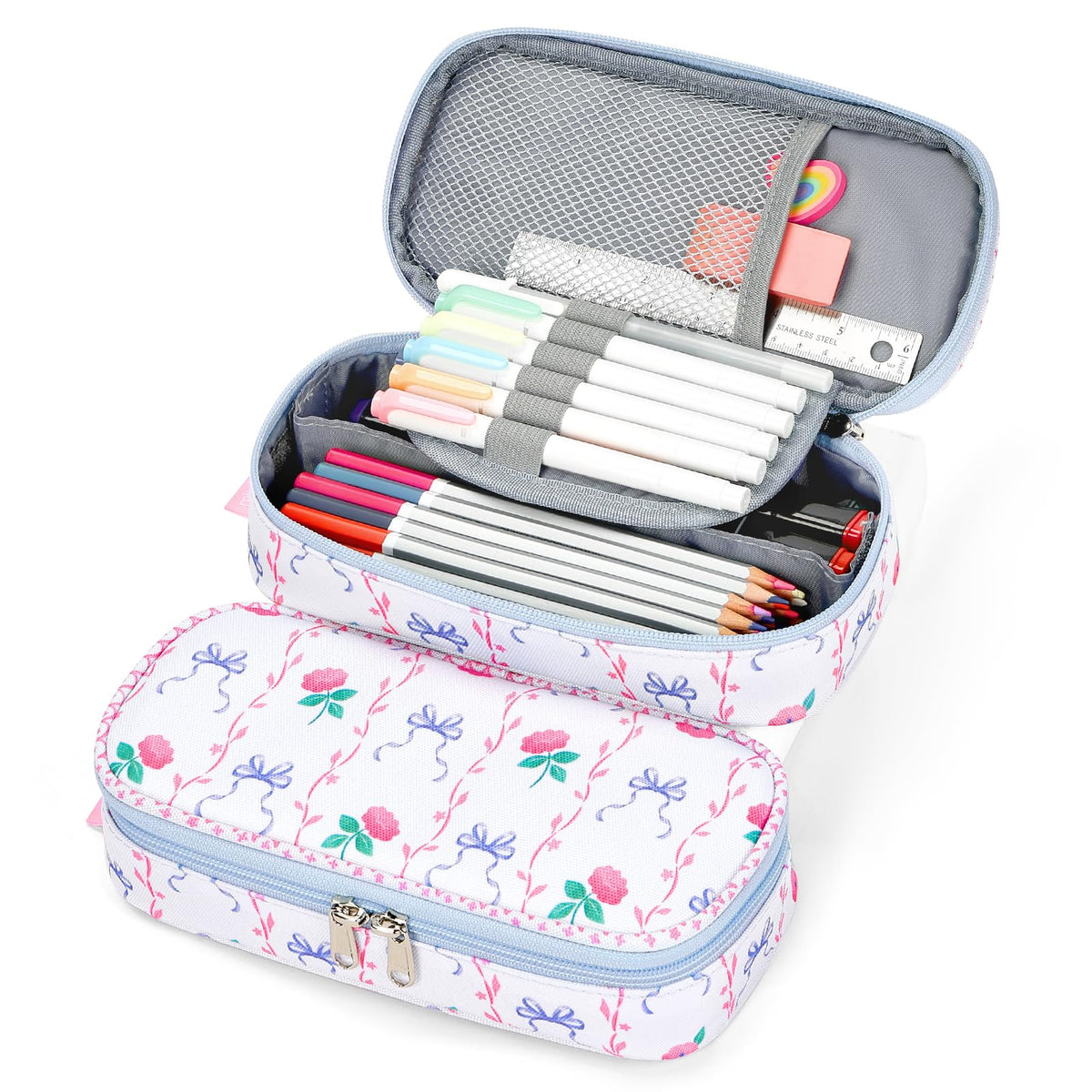 mibasies Girls Pencil Case for Kids, Multi-Slot Pencil Pouch, Bowknot Rose Sky Blue