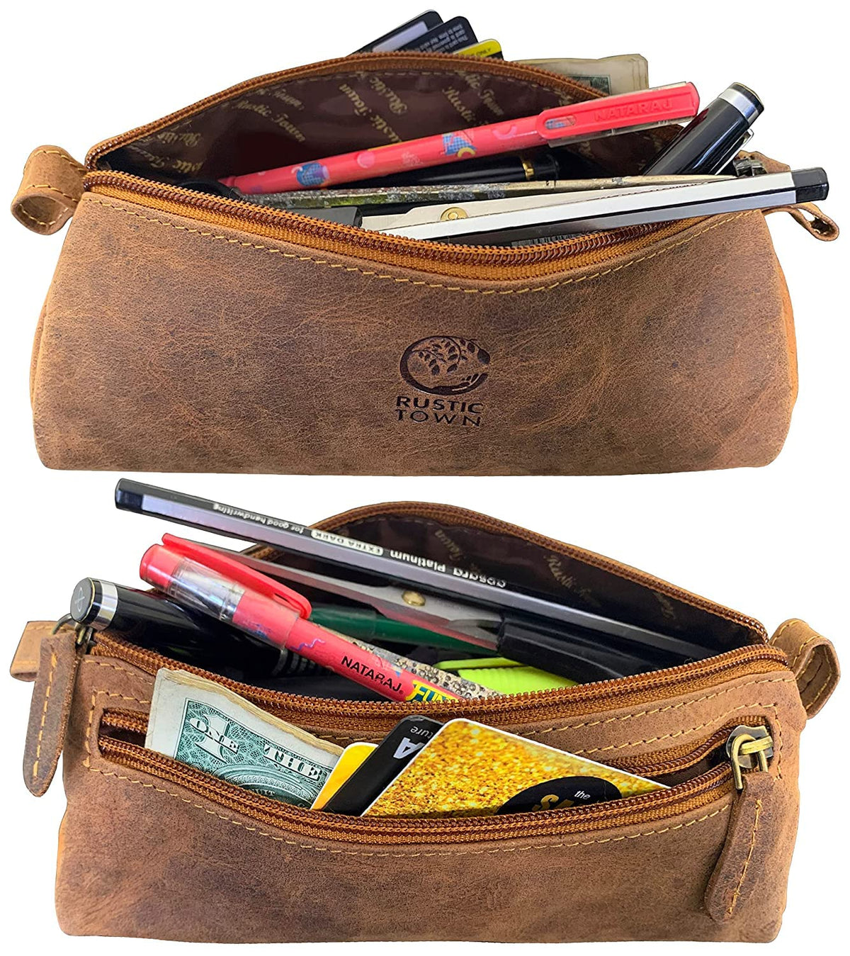 Rustic Town Leather Pencil Case - Vintage Zippered Pencil Pouch & Pen Case for Adults, Artists
