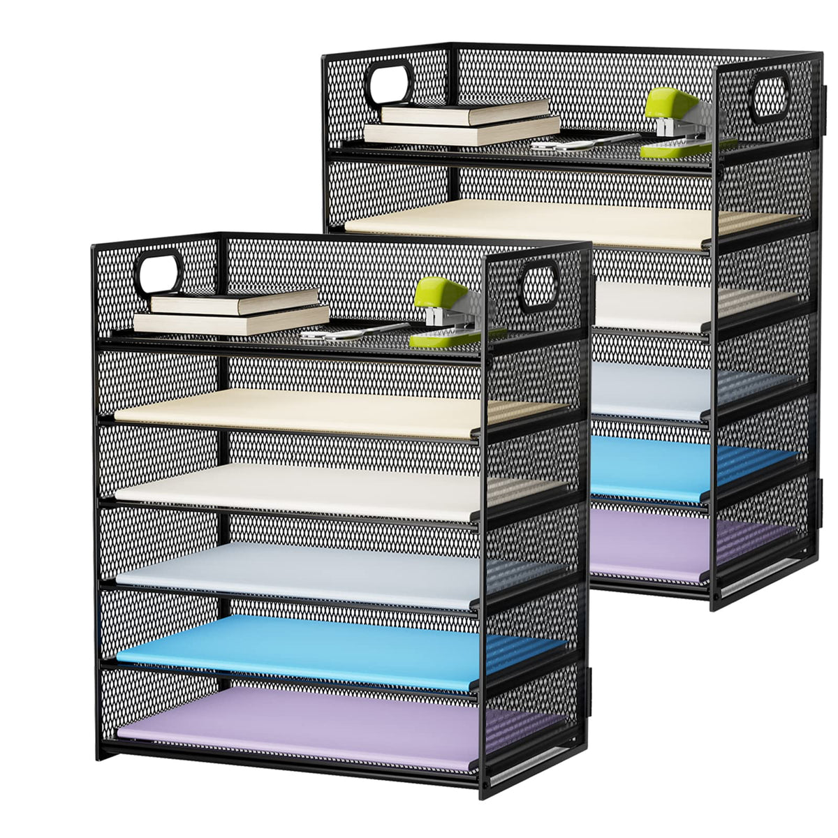 Marbrasse 2 Pack Desk Organizer with Handle, 6 Tier Paper Letter Tray, Mesh Desk File Organizer for