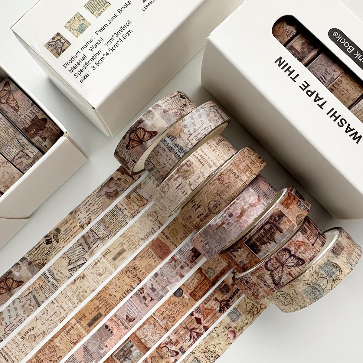 YUBX Vintage Washi Tape Set 8 Rolls Thin Retro Decorative Antique Patterns Masking Tapes for Arts