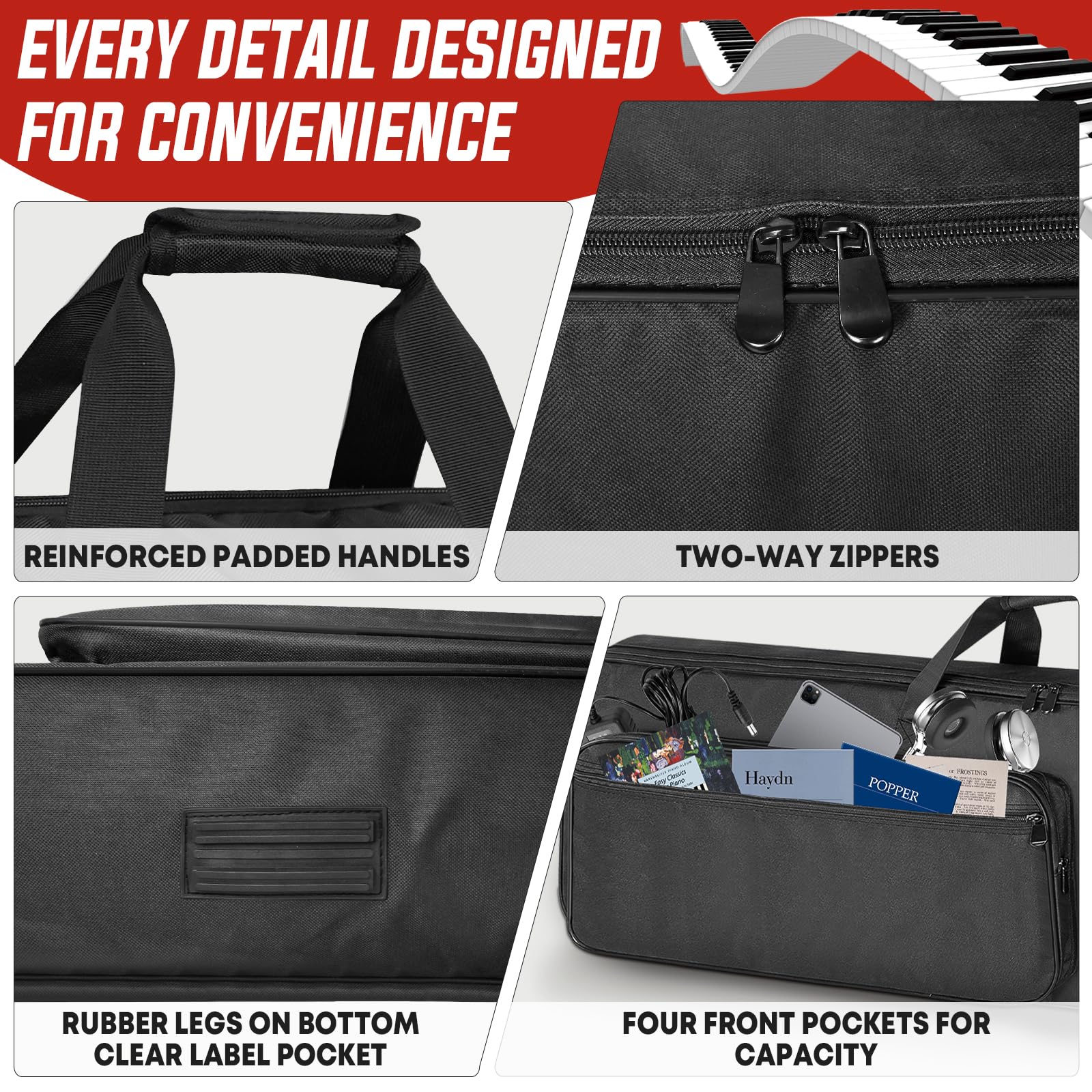 XIDIHF Slim 88-Key Keyboard Gig Bag 10mm Padded Full Protection with Adjustable Straps, 4 Pockets