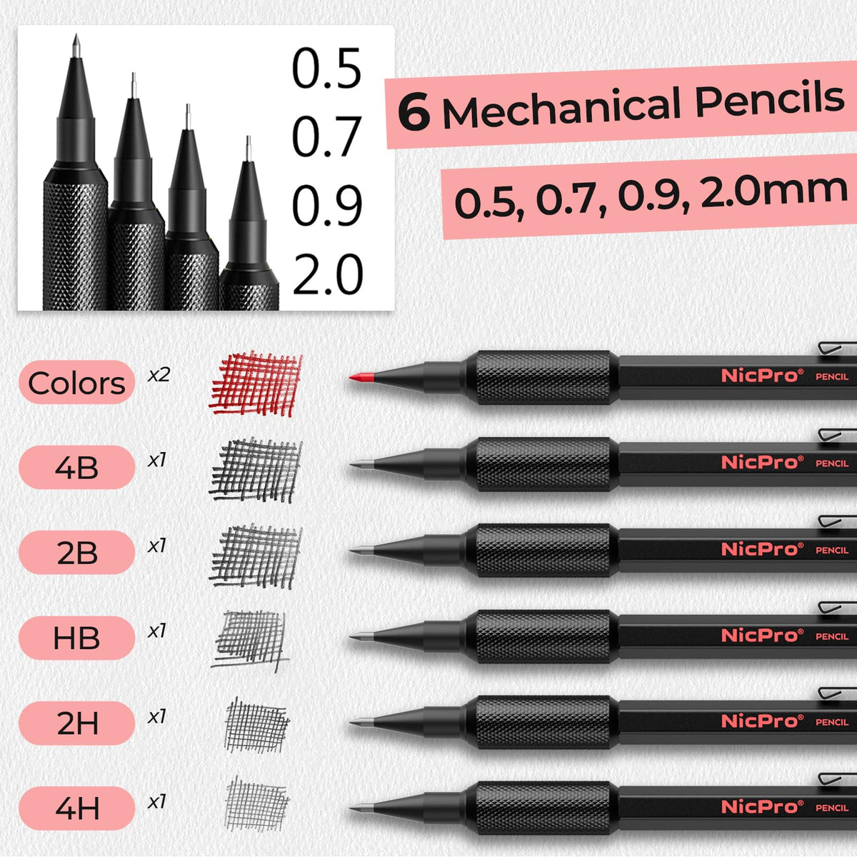 Nicpro 6 PCS Metal Mechanical Pencil Set, Art Drawing Pencil 0.5-2.0MM
