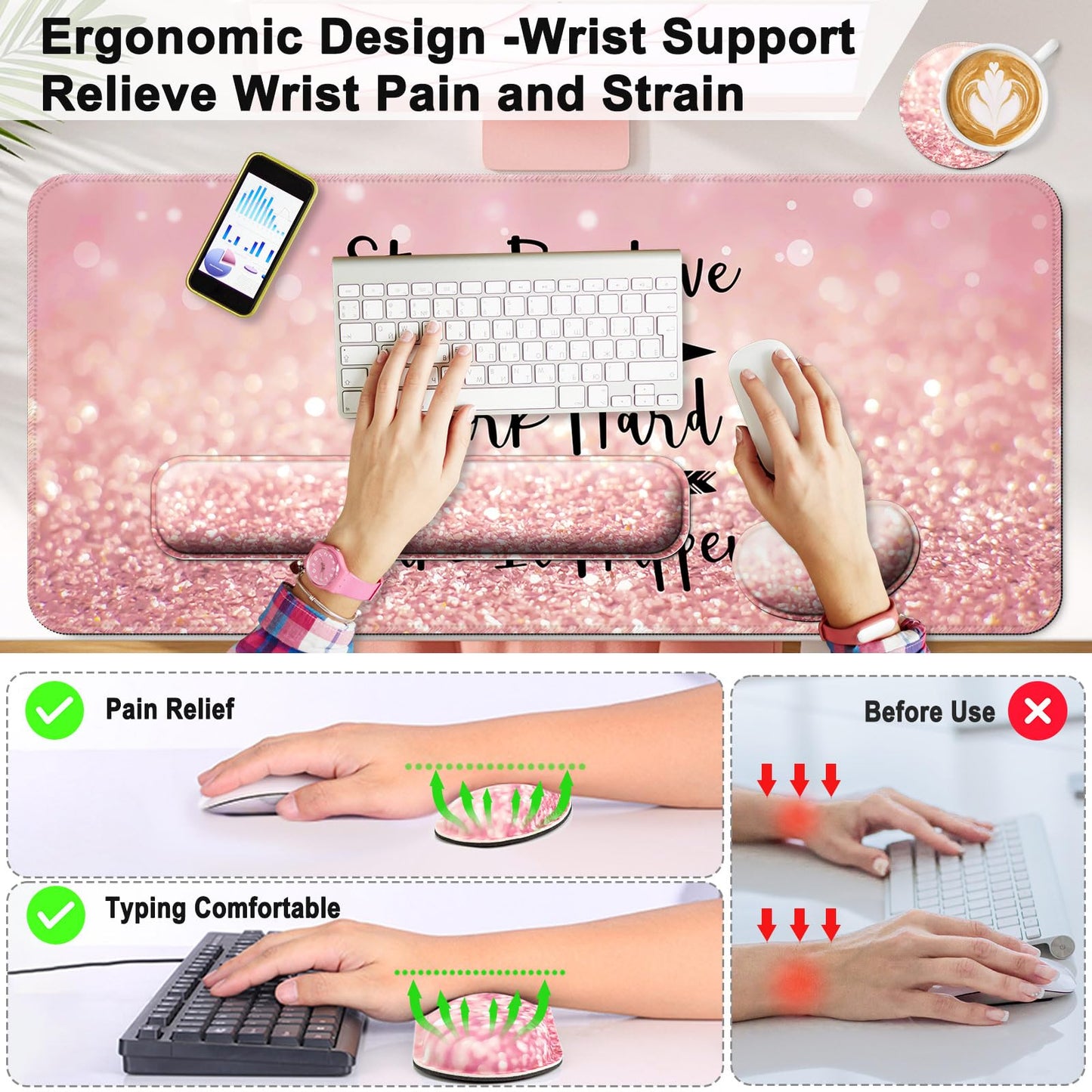 4 in 1 Mouse Pad and Keyboard Wrist Rest,Large Desk Mat,Coaster Set-Pink