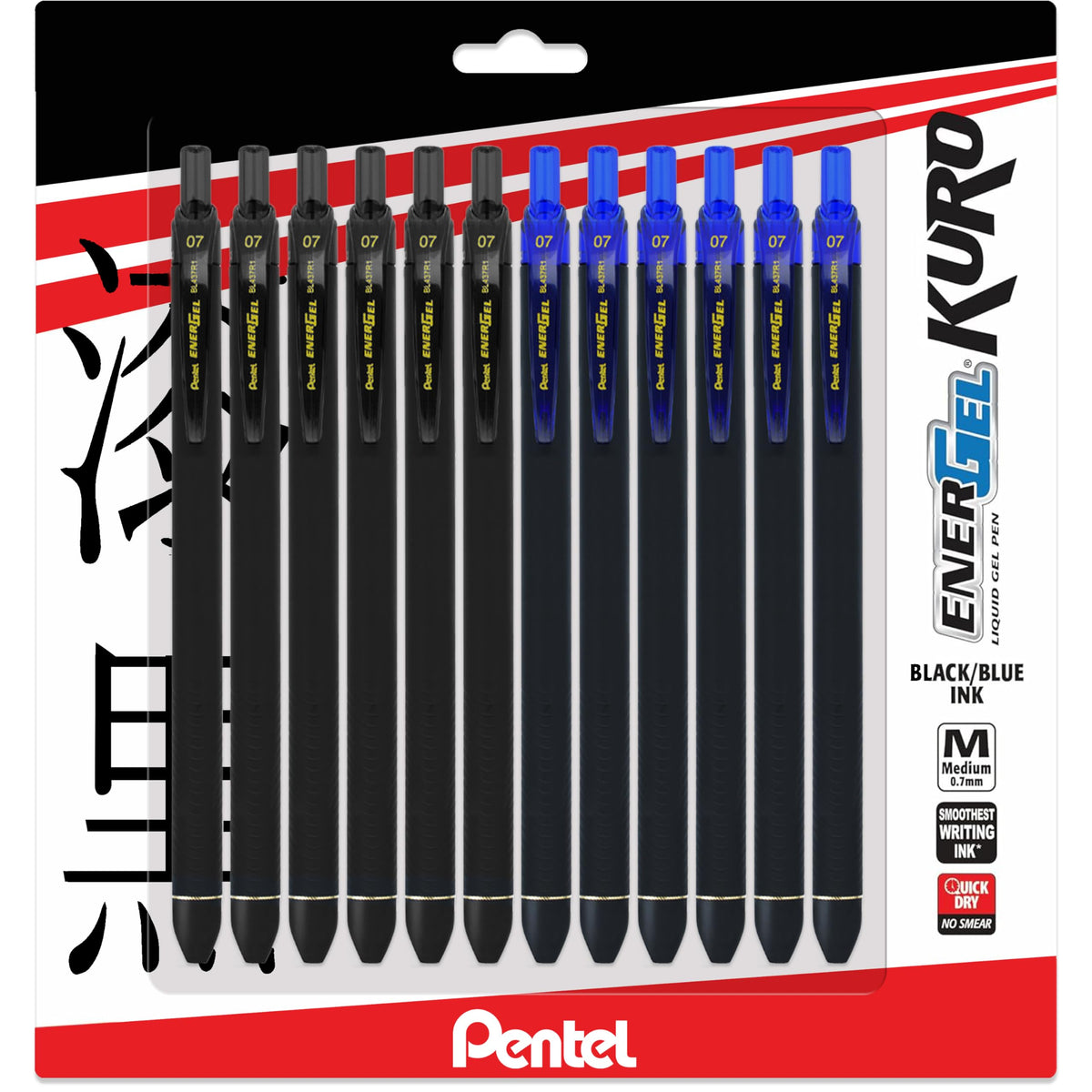 Pentel Energel 0.7 Kuro Gel Pen - Medium Line - 12 Pack of 6 Black & 6 Blue