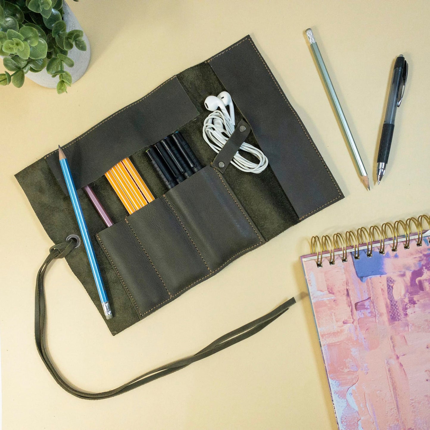 Hide & Drink, Rustic Leather Pencil Roll Pouch, Multi-Purpose Storage Wrap for Scissors, Earphones