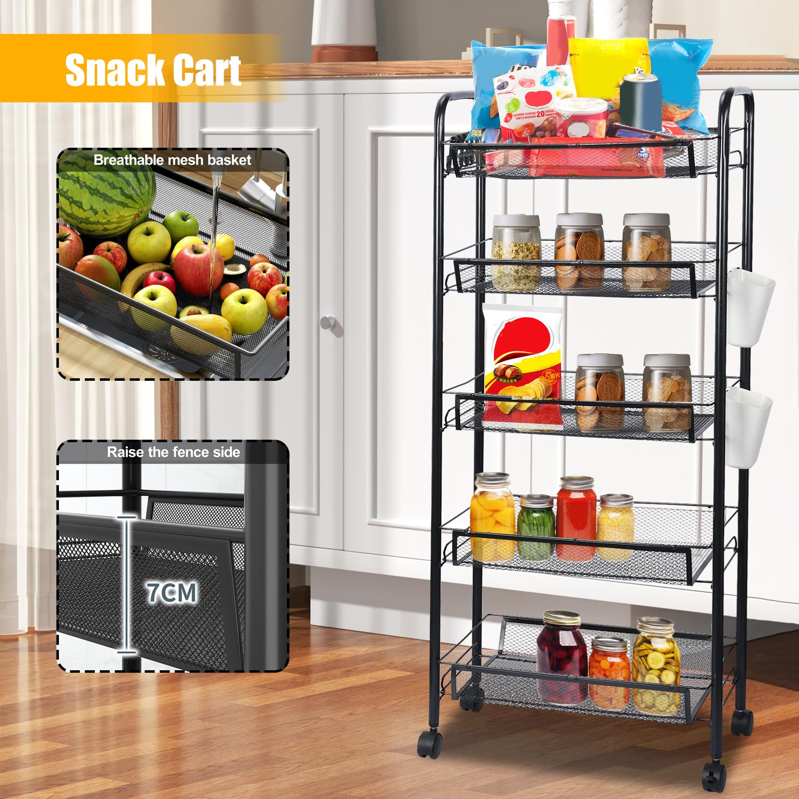 sxvbdway Fruit Vegetable Basket Storage Cart 5 Tier Snack Cart Stackable Metal Mesh Vegetable