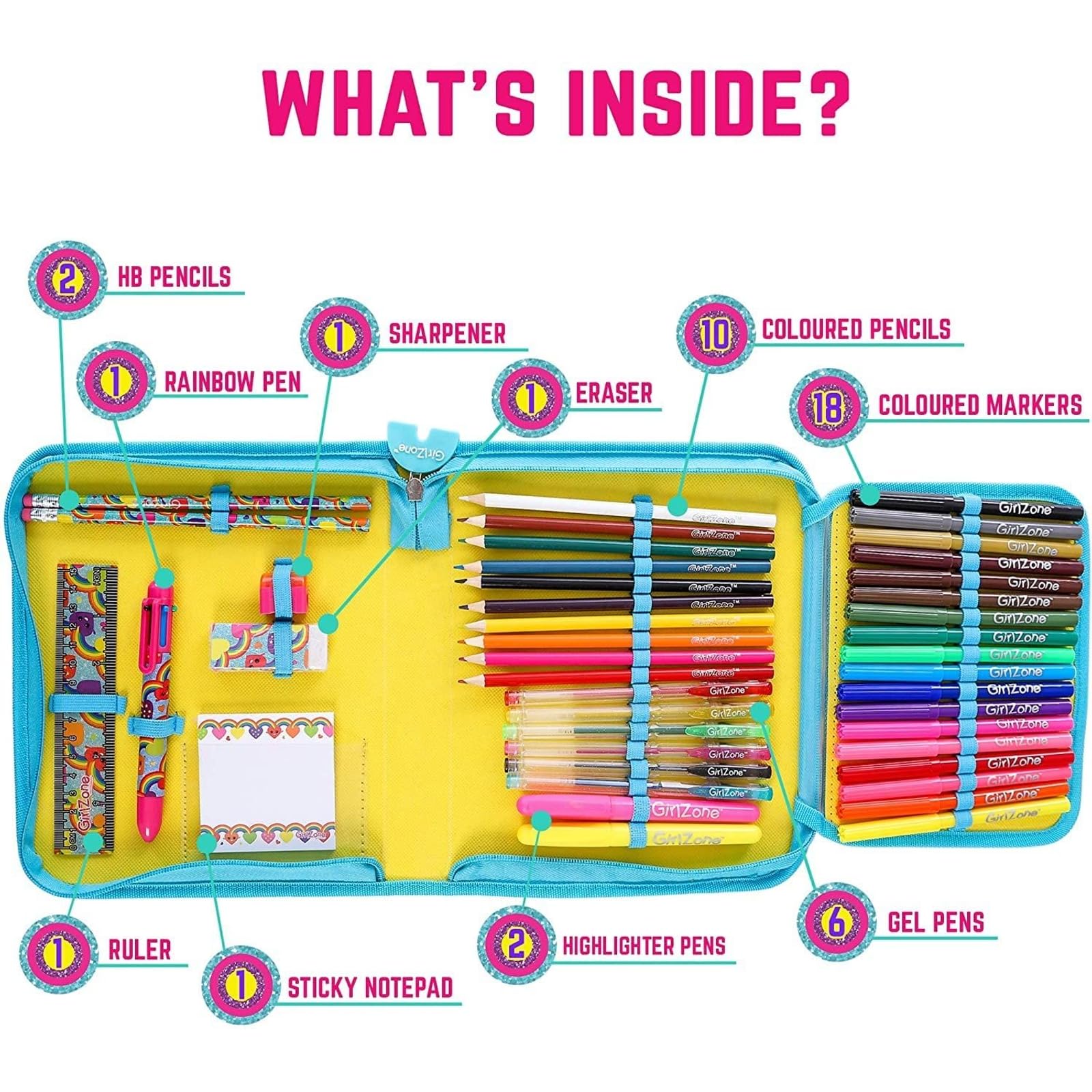 GirlZone 43-Piece Rainbow Filled Pencil Case with Supplies - Ages 7+ - Art Kit, Marker Binder &