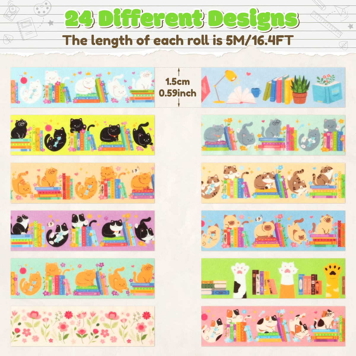 BkeeCten Cats Books Washi Tape - 24 Pcs Cute Trendy Colored Aesthetic Stacking Book Decorative Cat