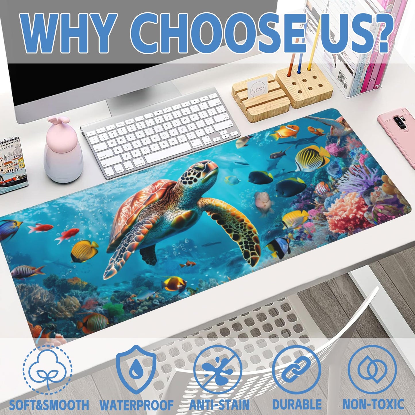 XL Mouse Pad,Sea Turtle with Colorful Fish Large Gaming Mouse Pad,The Underwater World Desk
