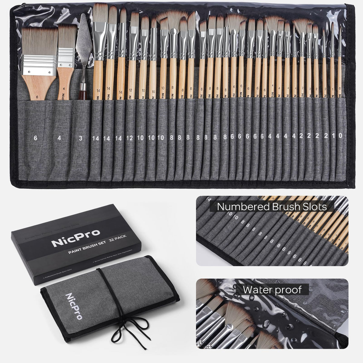Nicpro 32pcs Paint Brush Set, Acrylic Paint Brushes, Professional Artist Series with Paint Spatula