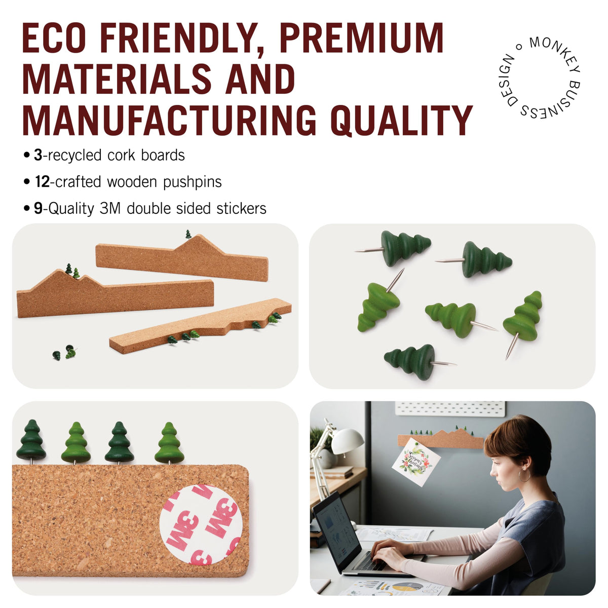 Monkey Business Memo Mountain 3 Cork Board Strips - Corkboard Pin Boards with Mountain Scene