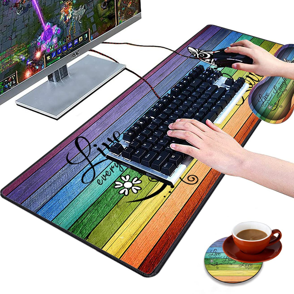 3 Piece Mouse Pad Set with Stitched Edge Large Anti-Slip Mouse Pad Desk Pad Keyboard Pad + Wrist