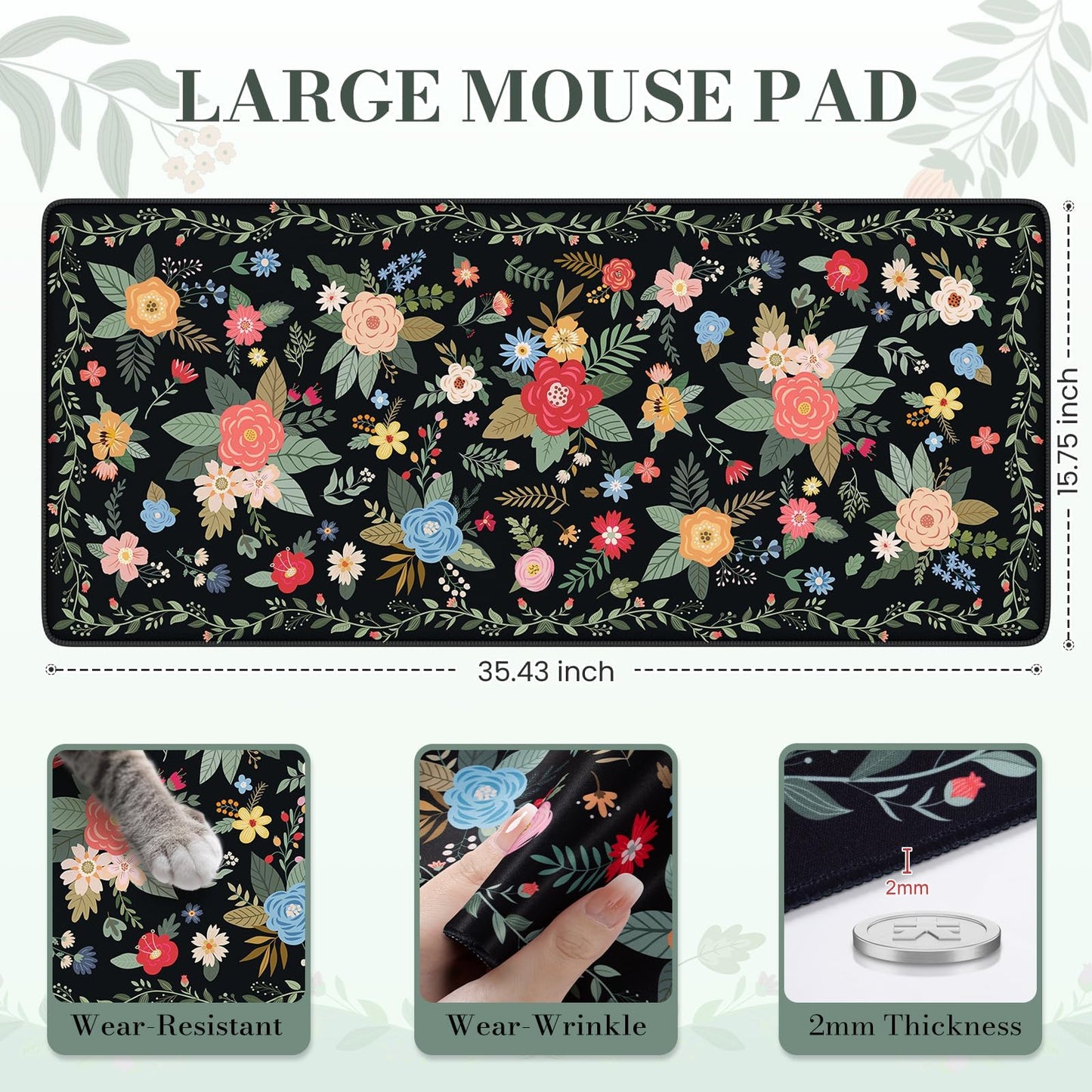 iCasso Desk Mat for Keyboard and Mouse,Cute Mouse Pad,Black Floral