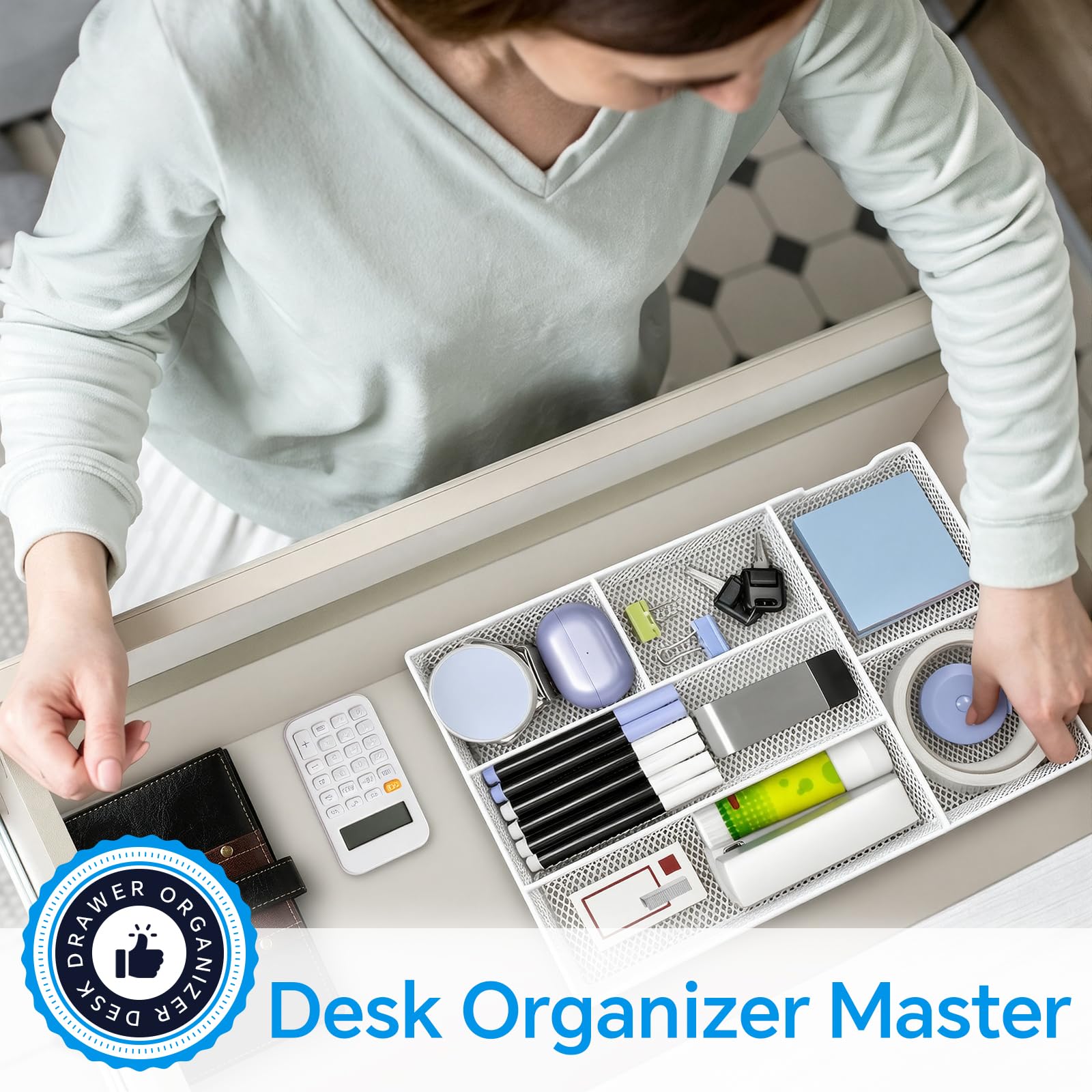 Desk Drawer Organizer, Office Drawer Divider Organizer Tray with 6 Compartments, Metal Mesh Desktop