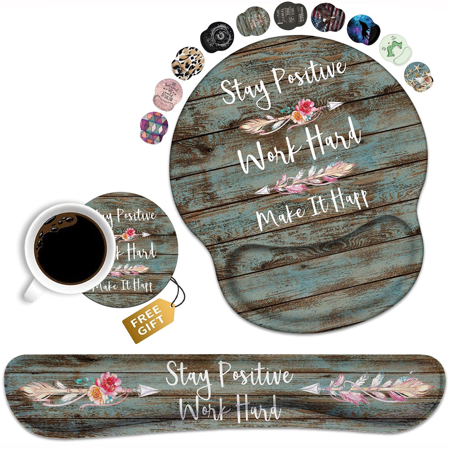 Keyboard Wrist Rest and Mouse Pad Wrist Rest Support Set with Coasters, Stay Positive Work Hard and