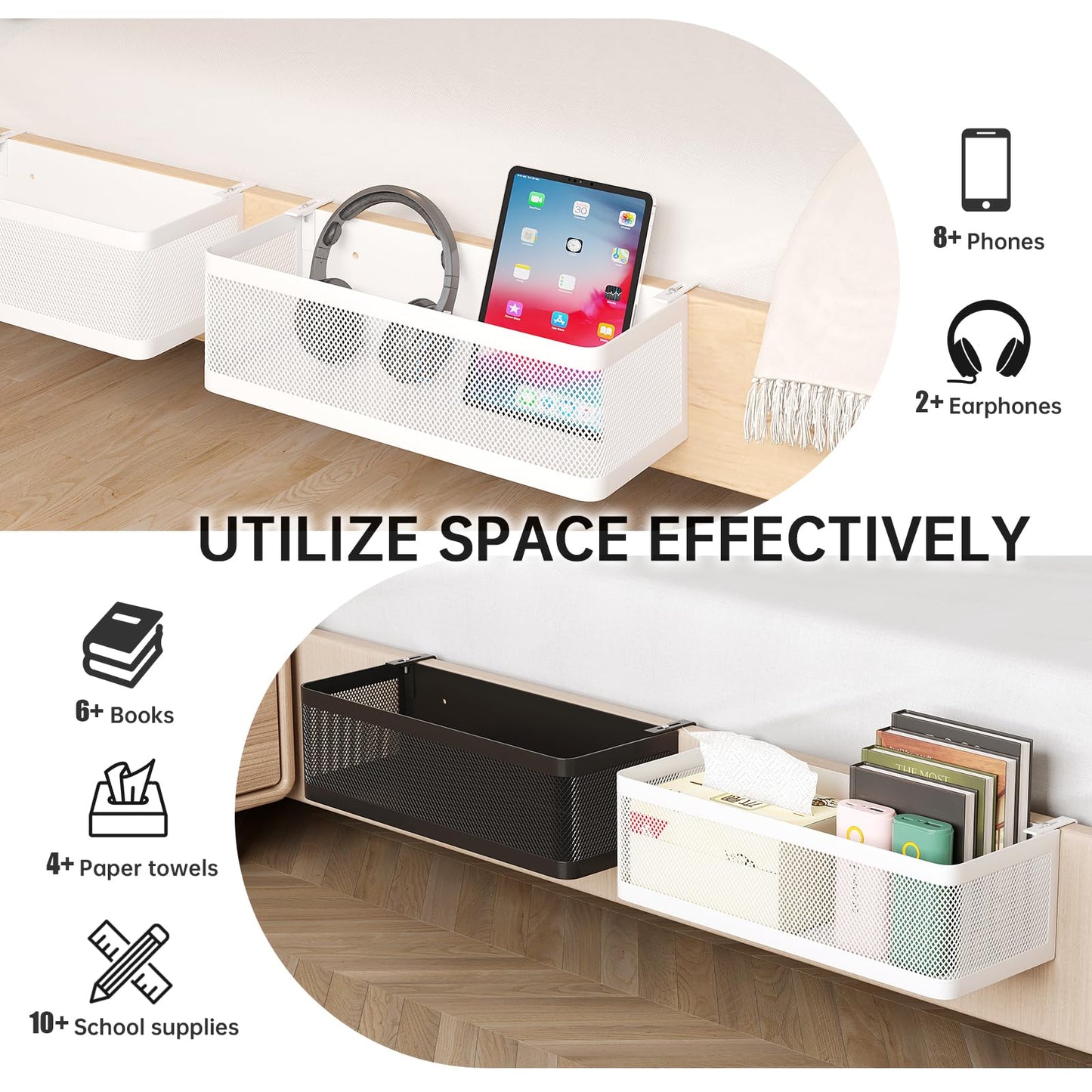 WOCHUANGSI Bedside Caddy Shelf for Bunk Bed, Black, L11in*W4.9in*H3.93in