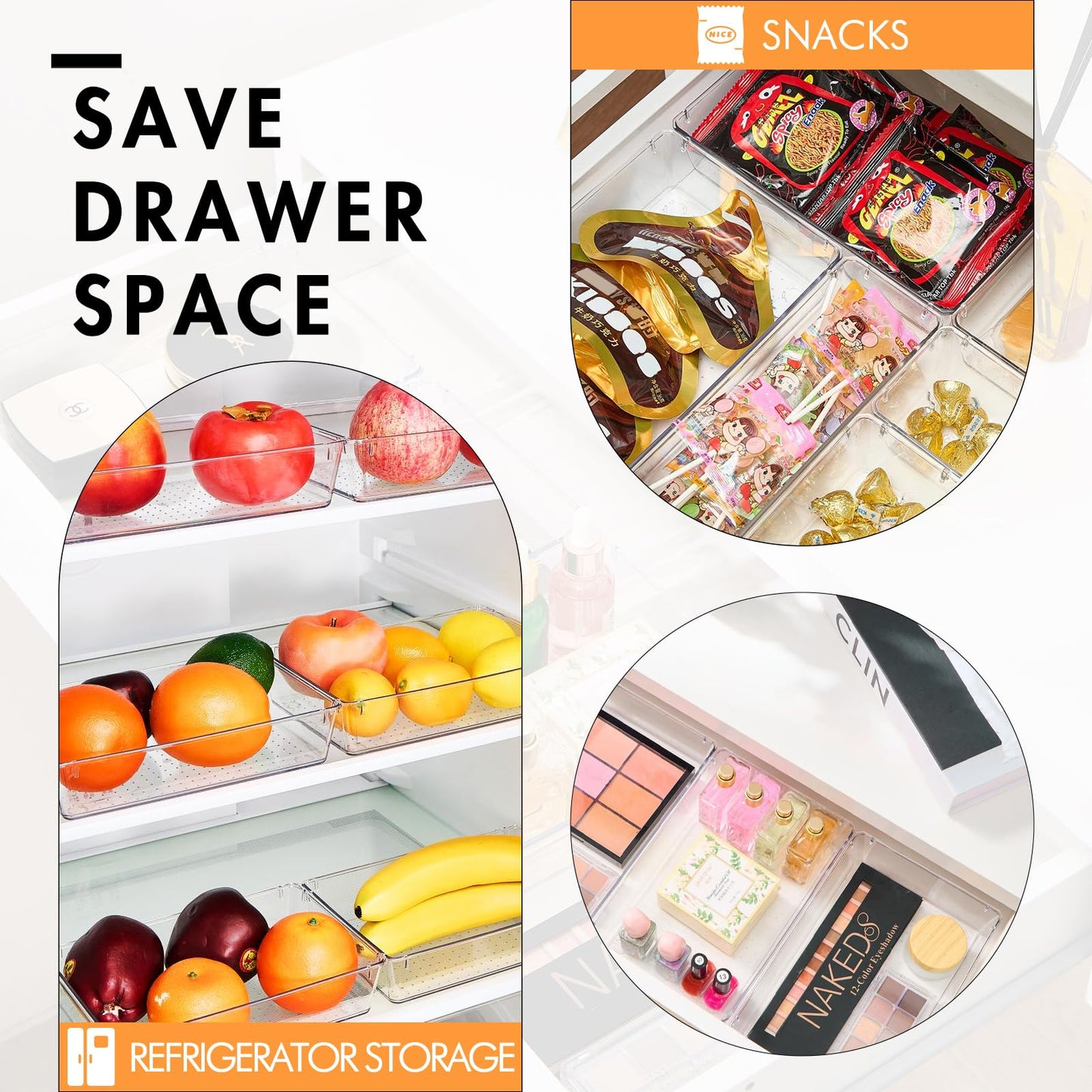 HOUSE DAY Desk Drawer Organizer Bins 6 PCS, 9*6*2" Clear Drawer Organizers with Silicone Pads