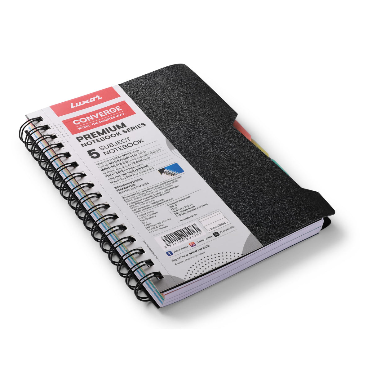 Luxor 5 Subject Single Ruled Notebook - A5 Size, 70 GSM, 300 Pages